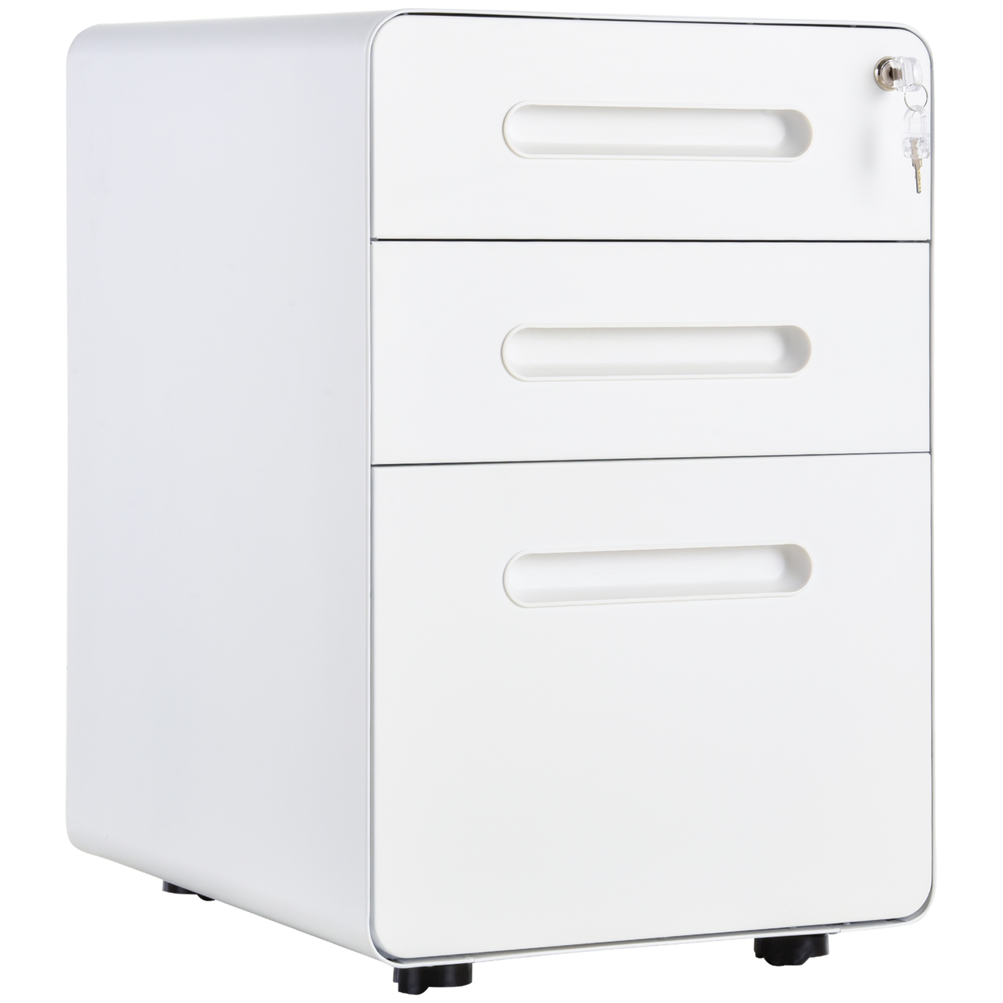 Vinsetto Caisson bureau verrouillable avec 3 tiroirs pour format A4, lettre, légal, anti-basculement, blanc Vinsetto Caisson bureau verrouillable avec 3 tiroirs pour format A4, lettre, légal, anti-basculement, blanc