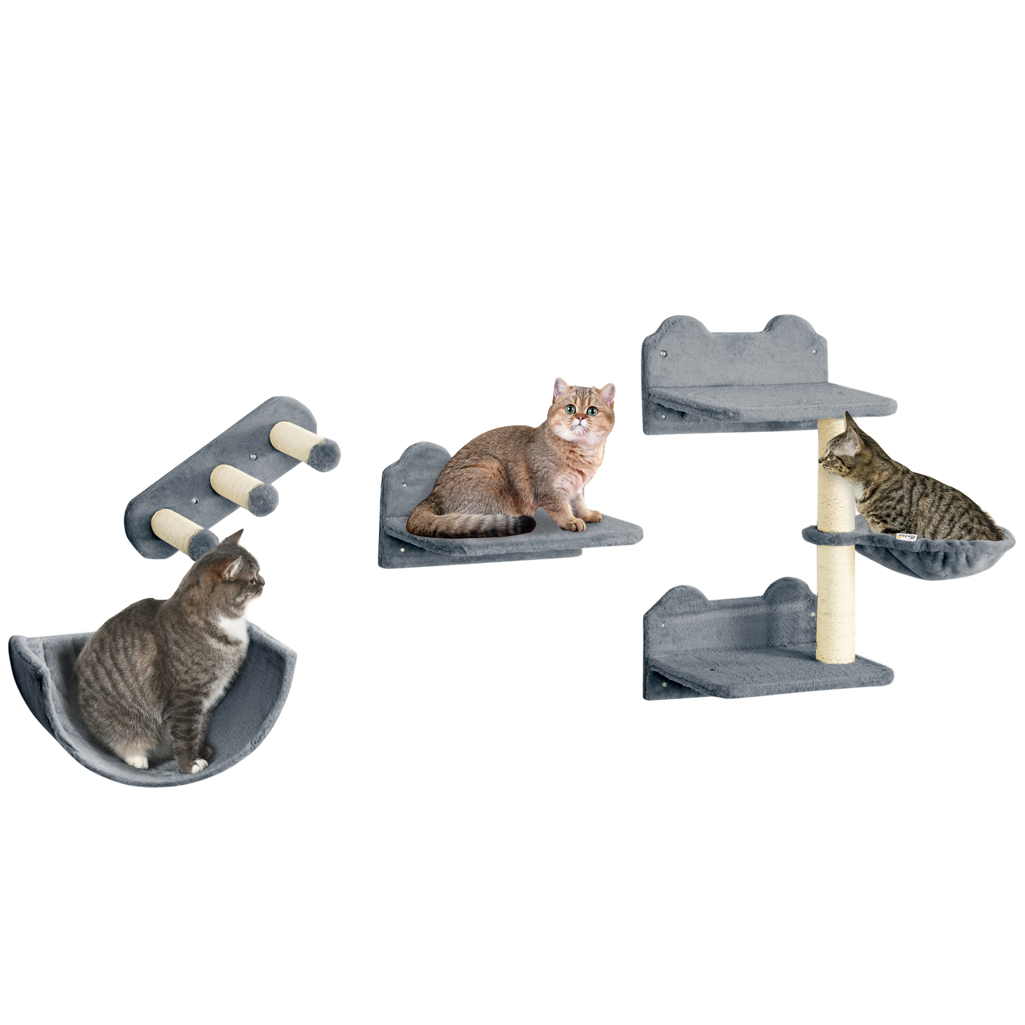 PawHut Parcours Mural Complet pour Chats 4 Pièces avec Griffoir, Hamac et Plateformes en Sisal et Peluche Grise Aosom France PawHut Parcours Mural Complet pour Chats 4 Pièces avec Griffoir, Hamac et Plateformes en Sisal et Peluche Grise Aosom France