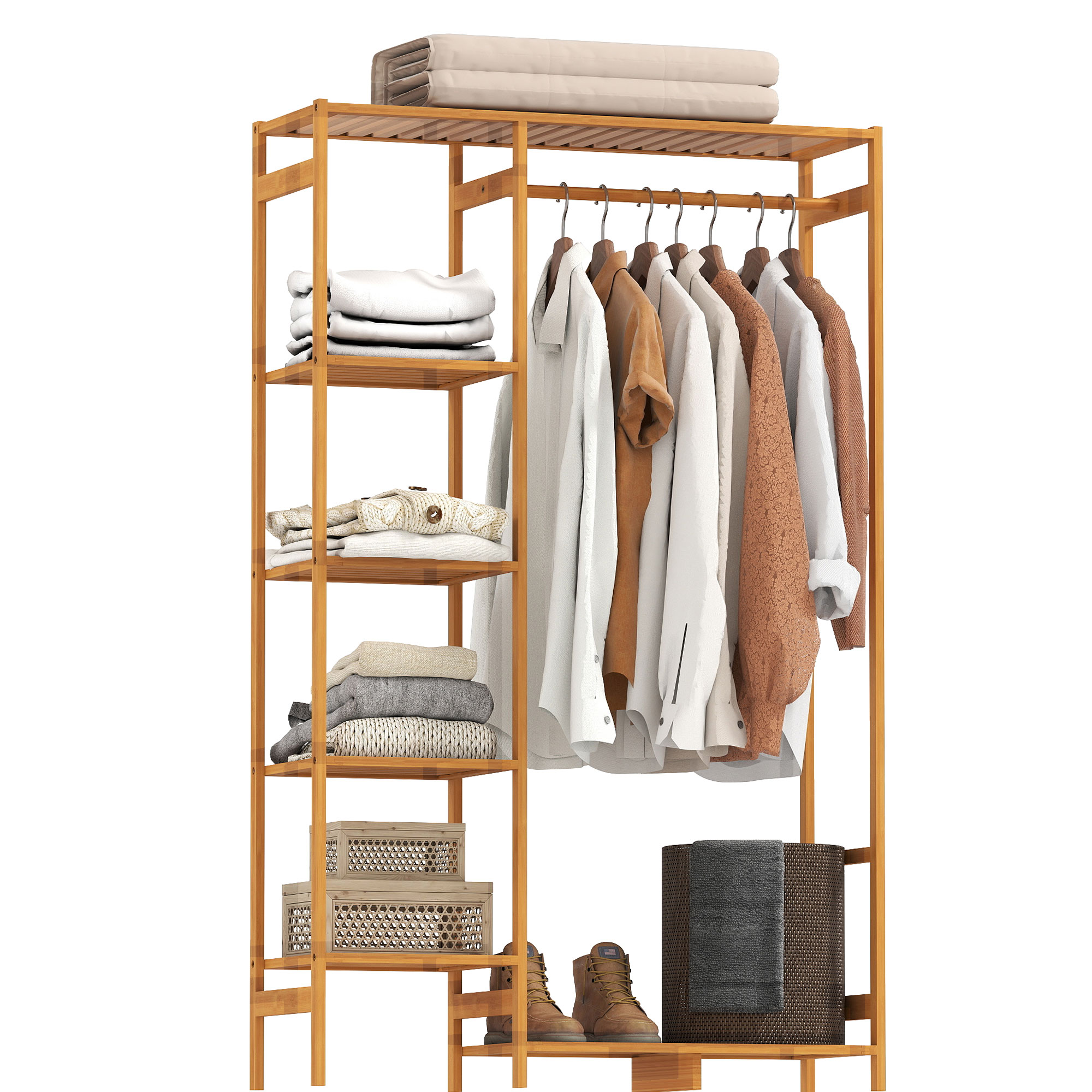HOMCOM Perchero de Pie de Bambú Perchero para Ropa con Estantes de Almacenamiento y Varilla Colgante 90x30x145 cm Natural | Aosom España