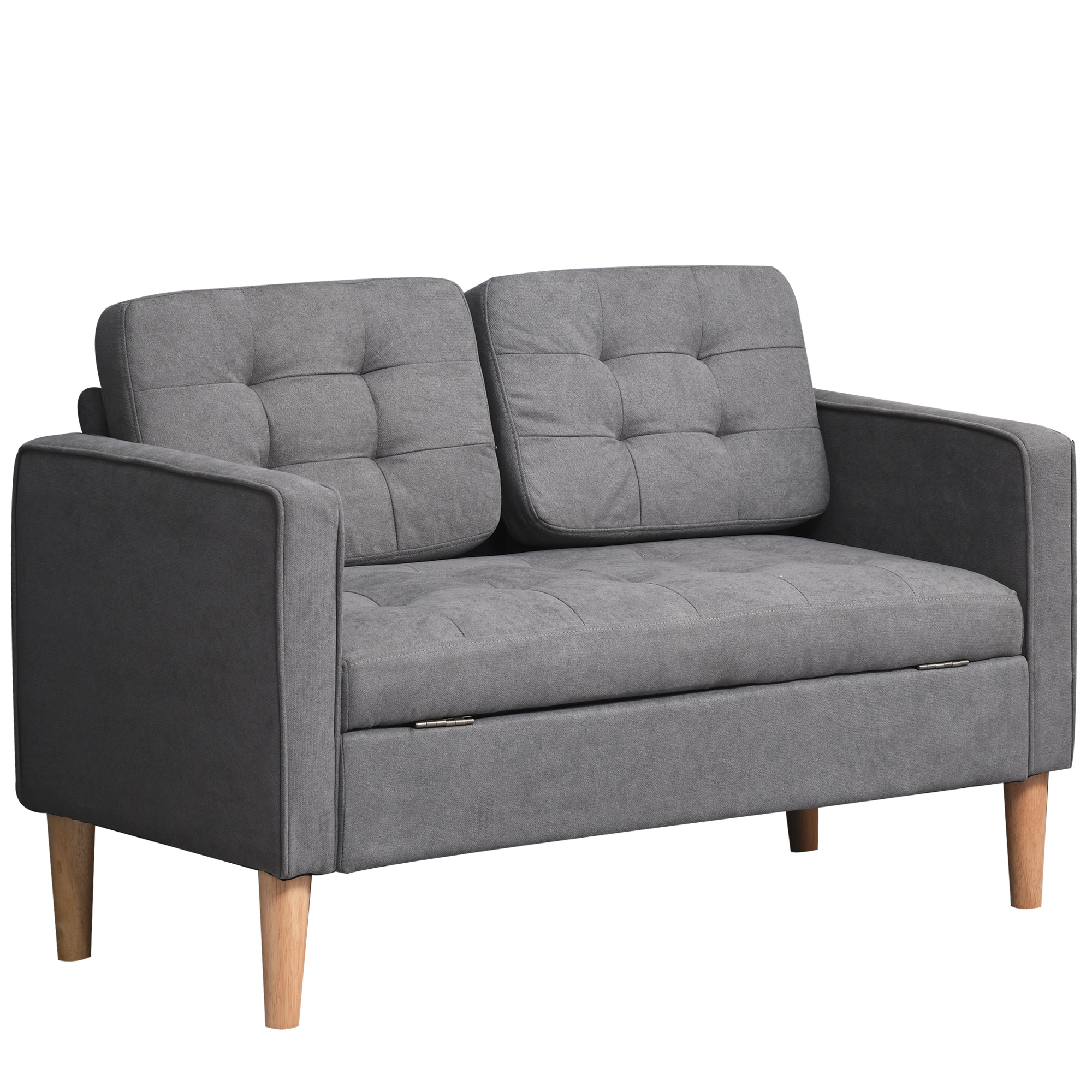 HOMCOM 2-Zitsbank met Slaapfunctie Dubbele Stoffen Bank met Afneembare Kussens van Duurzaam Rubberhout en Comfortabel Grijs 117x62x78cm | Aosom.nl