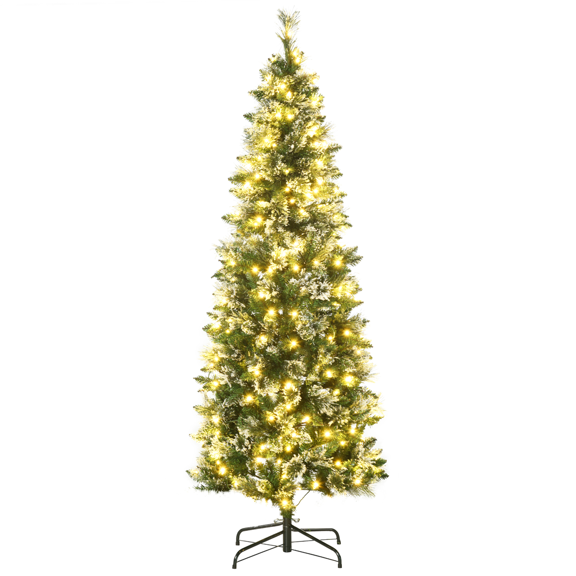 Brad de Craciun 180cm Artificial cu 240 Lumini LED si 618 Ramuri, Brad Acoperit cu Zapada Inalt si Ingust cu Postament din Otel HOMCOM | Aosom RO