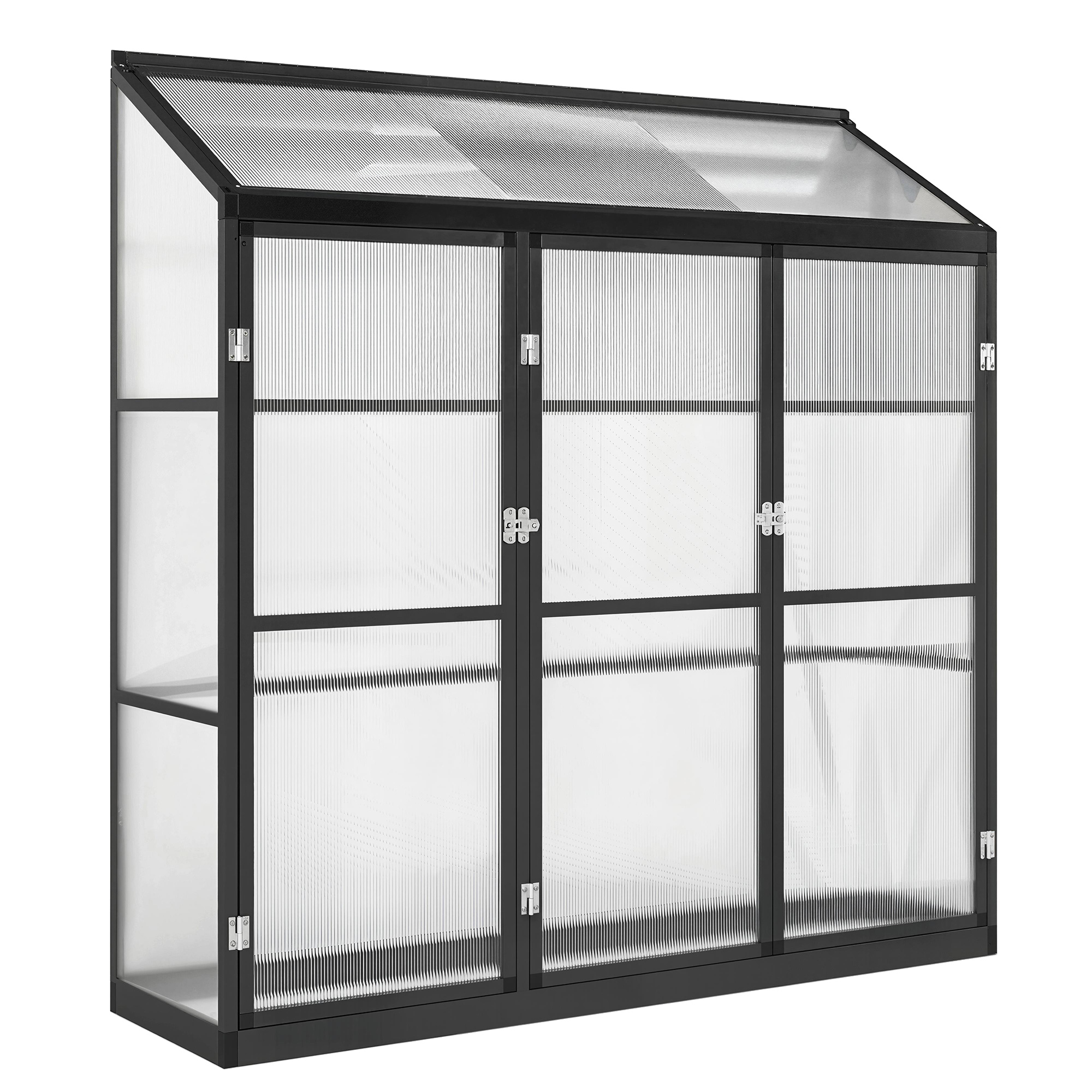 Outsunny 6 x 1.5ft Polycarbonate Greenhouse, Quick Setup, Lean-to Green House with 3 Hinged Doors, Top Vent, Black Outsunny 6 x 1.5ft Polycarbonate Greenhouse, Quick Setup, Lean-to Green House with 3 Hinged Doors, Top Vent, Black
