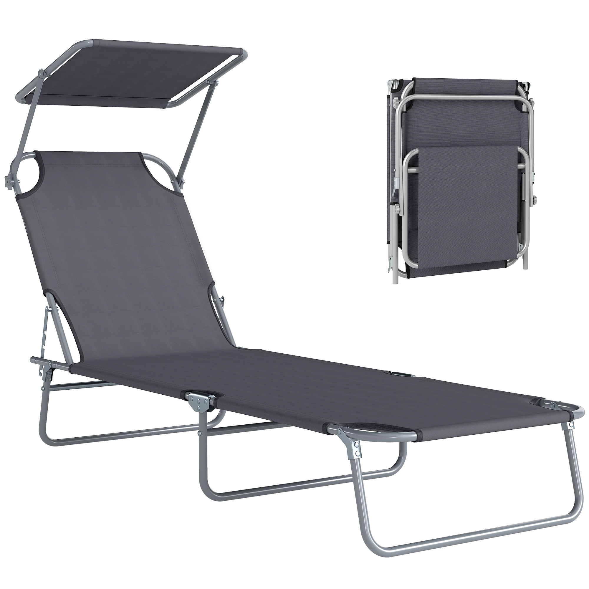 Outsunny Transat Bain de Soleil Chaise Longue Pliable Dossier Inclinable Multi-positions et Pare-Soleil réglable Dim. 187L x 58l x 36H cm Gris