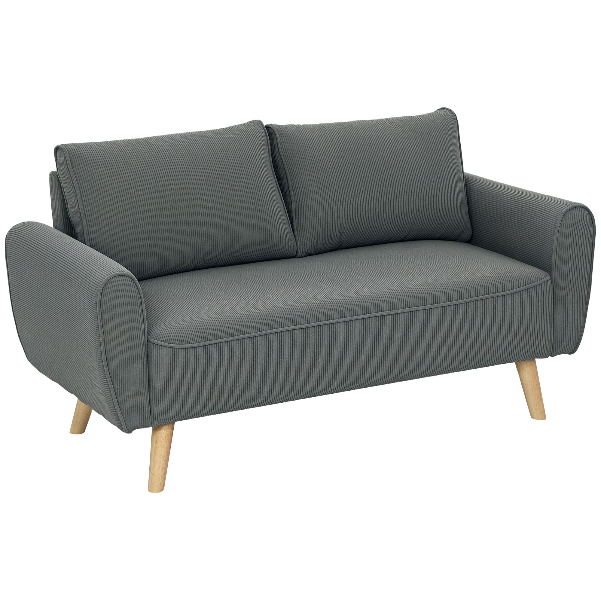 HOMCOM Tweezitsbank met Comfortabele Corduroy Bekleding Moderne 2-Zitsbank met 2 Rugkussens voor Woonkamer Stabiel Antraciet 145x75x78cm | Aosom.nl