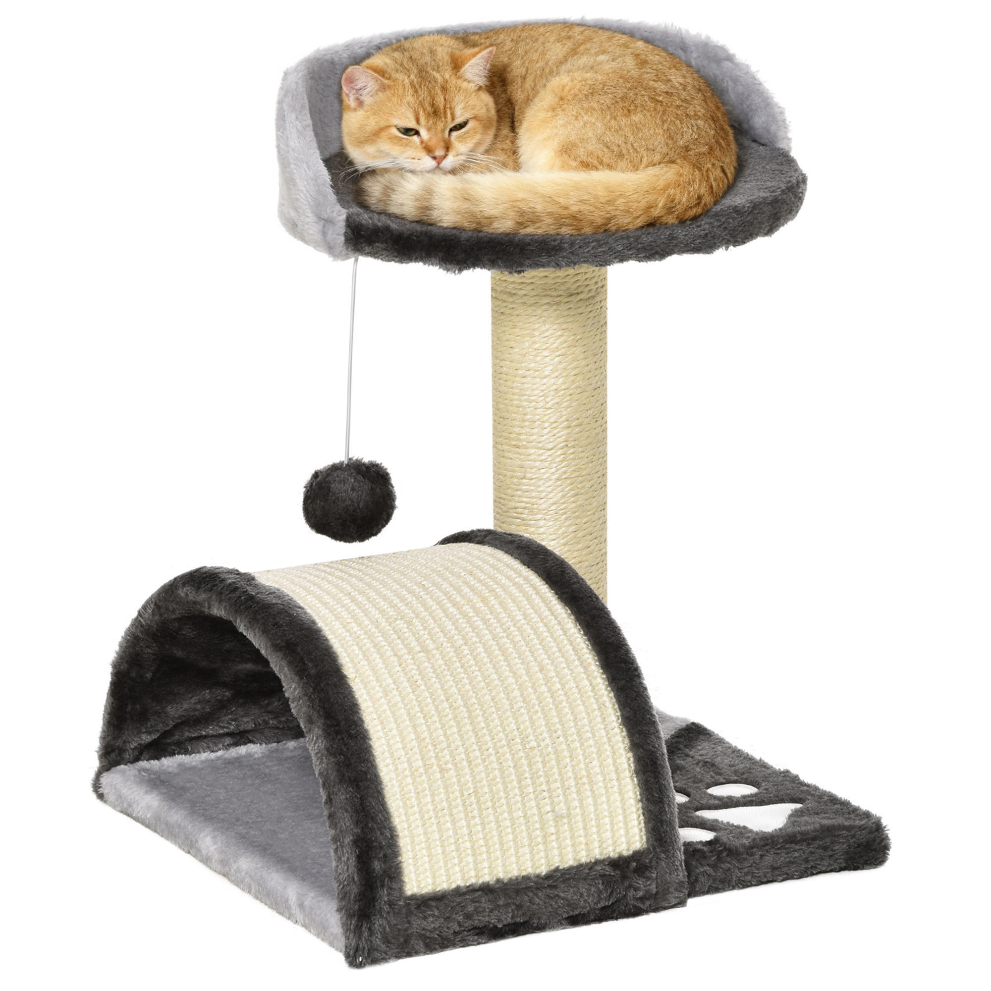 PawHut Árbol Rascador Compacto para Gatos Pequeños 46 cm Poste de Sisal Plataformas Bola Colgante 35,5x37x46 cm Gris Espacio Reducido | Aosom España