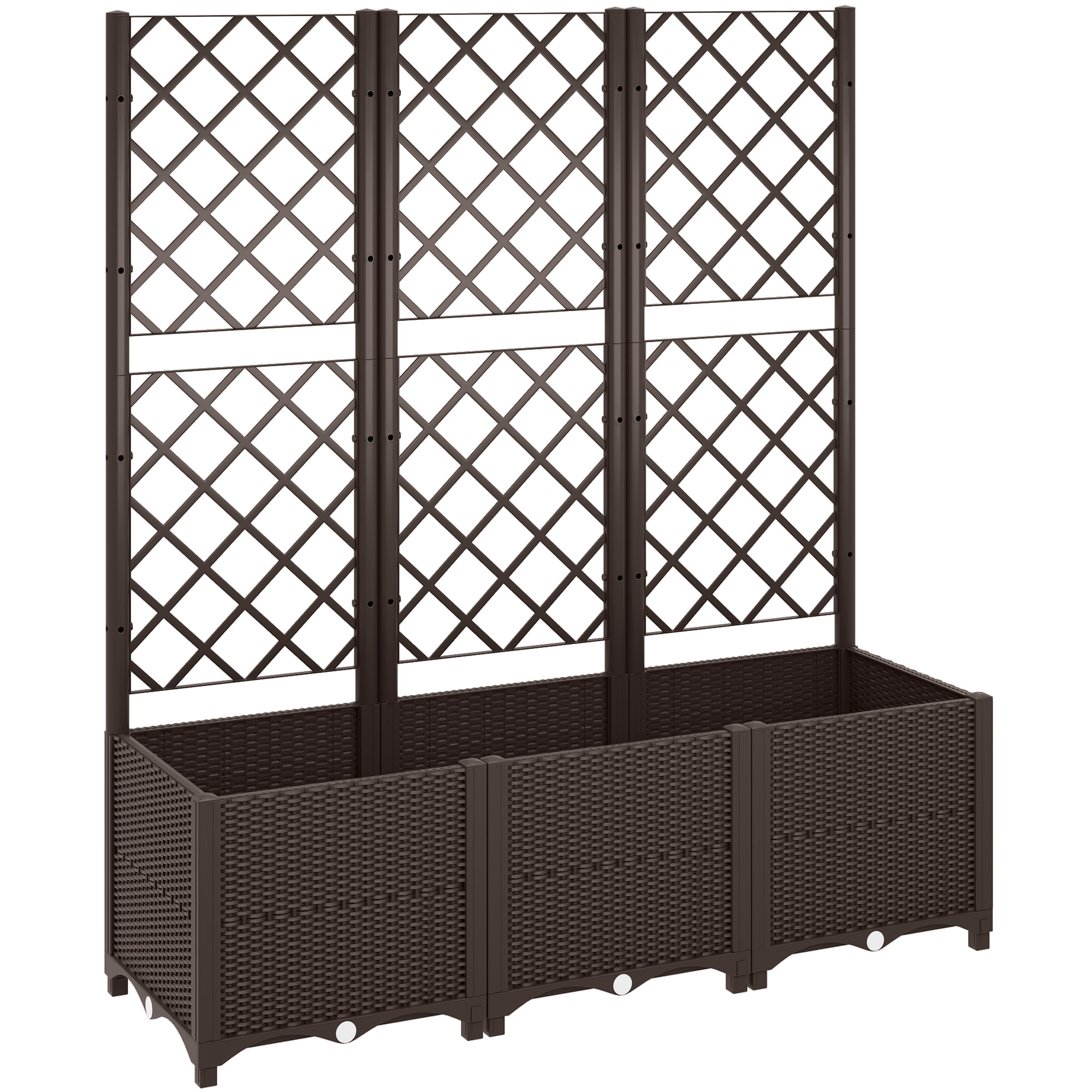 Outsunny Brown Raised Garden Bed With Trellis, Plastic Planter Box With Drainage Holes And Drain Plugs For Climbing Plants, Vegetables, Flowers,