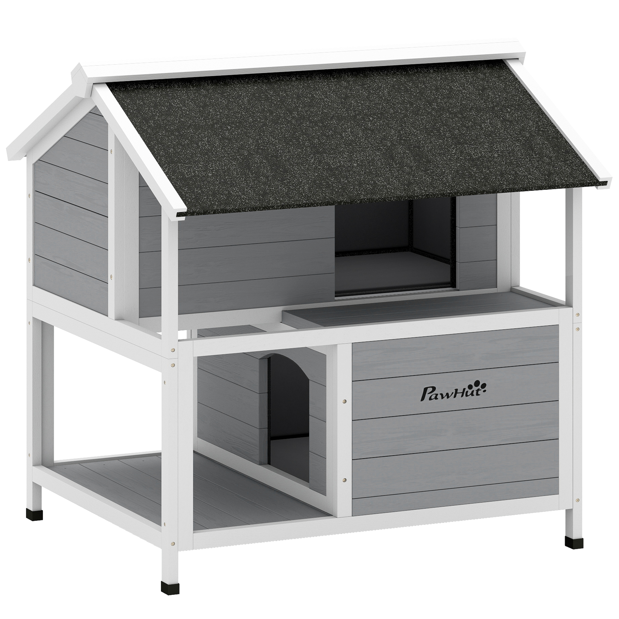 PawHut Katzenhaus aus Holz, Isolierte Katzenhöhle mit zu öffnendem Dach, herausnehmbarem Kissen, wetterfest Katzenhütte Katzenkiste Katzenbox für Draußen, 80 x 93 x 95 cm, Grau   Aosom