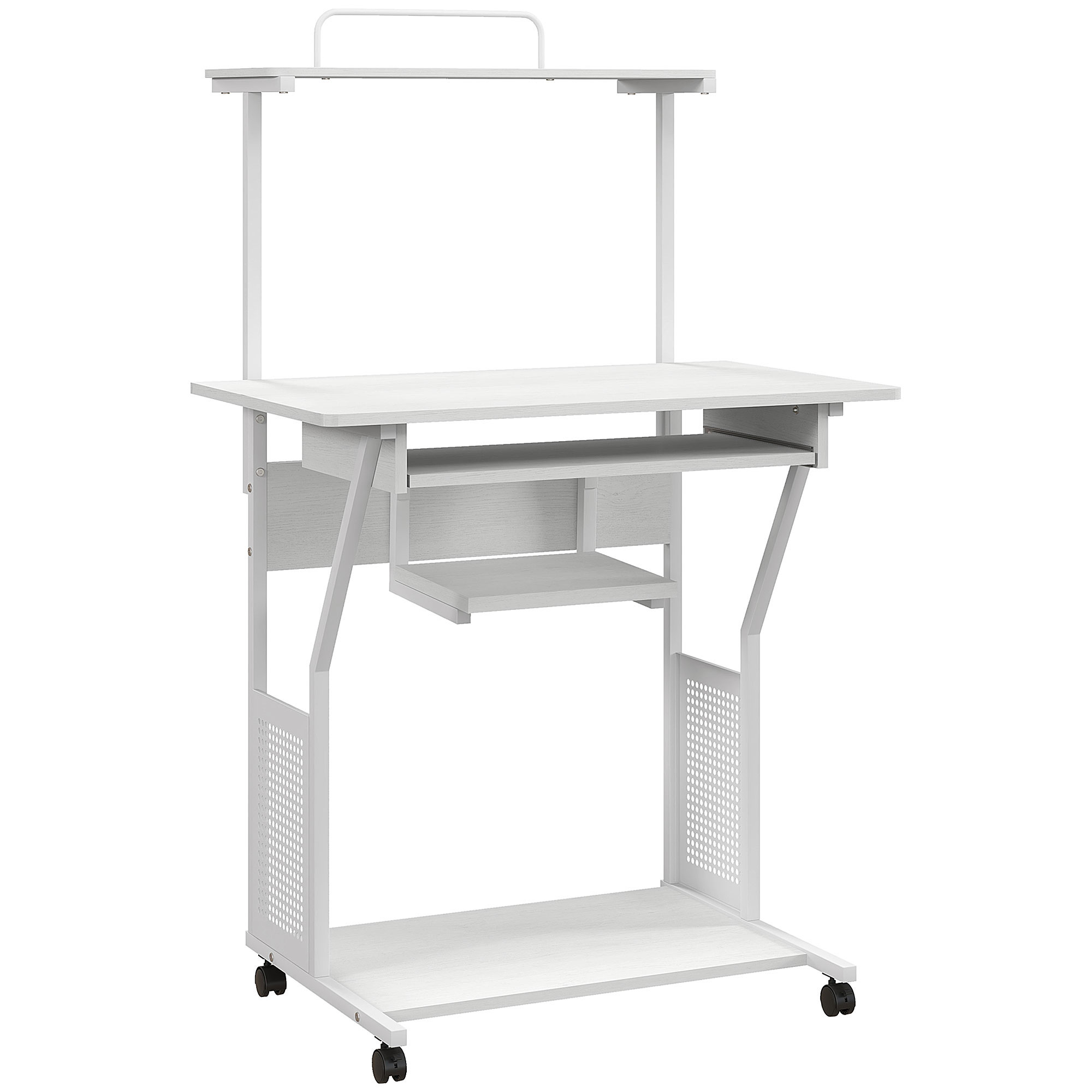 Bureau d'ordinateur roulant avec étagères de rangement, poste de travail et plateau pour clavier, blanc