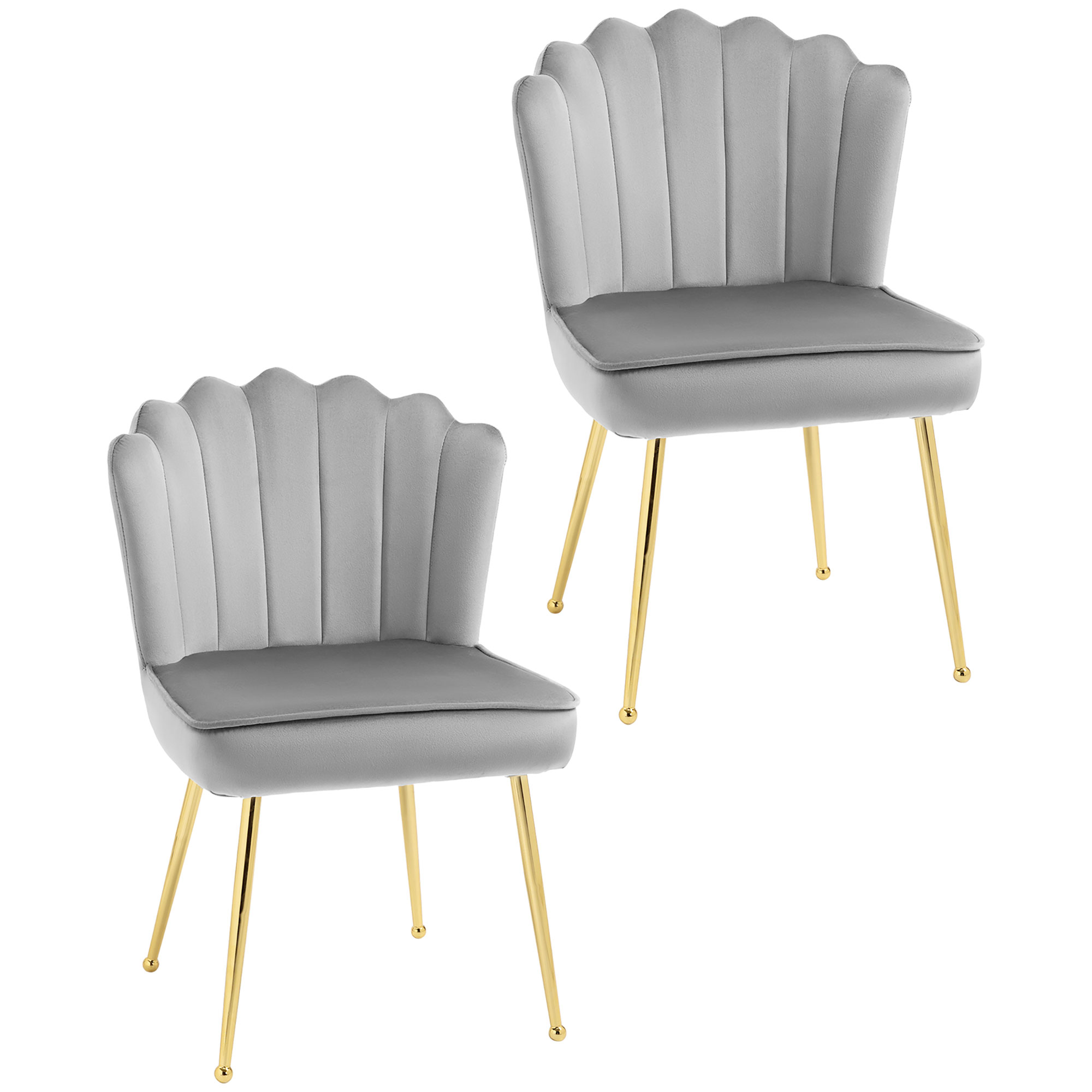 HOMCOM Shell Luxe Velvet Accent Chair, Modern Living Room Chair with Gold Metal Legs for Living Room, Bedroom, Home Office, Set of 2, Grey   Aosom UK