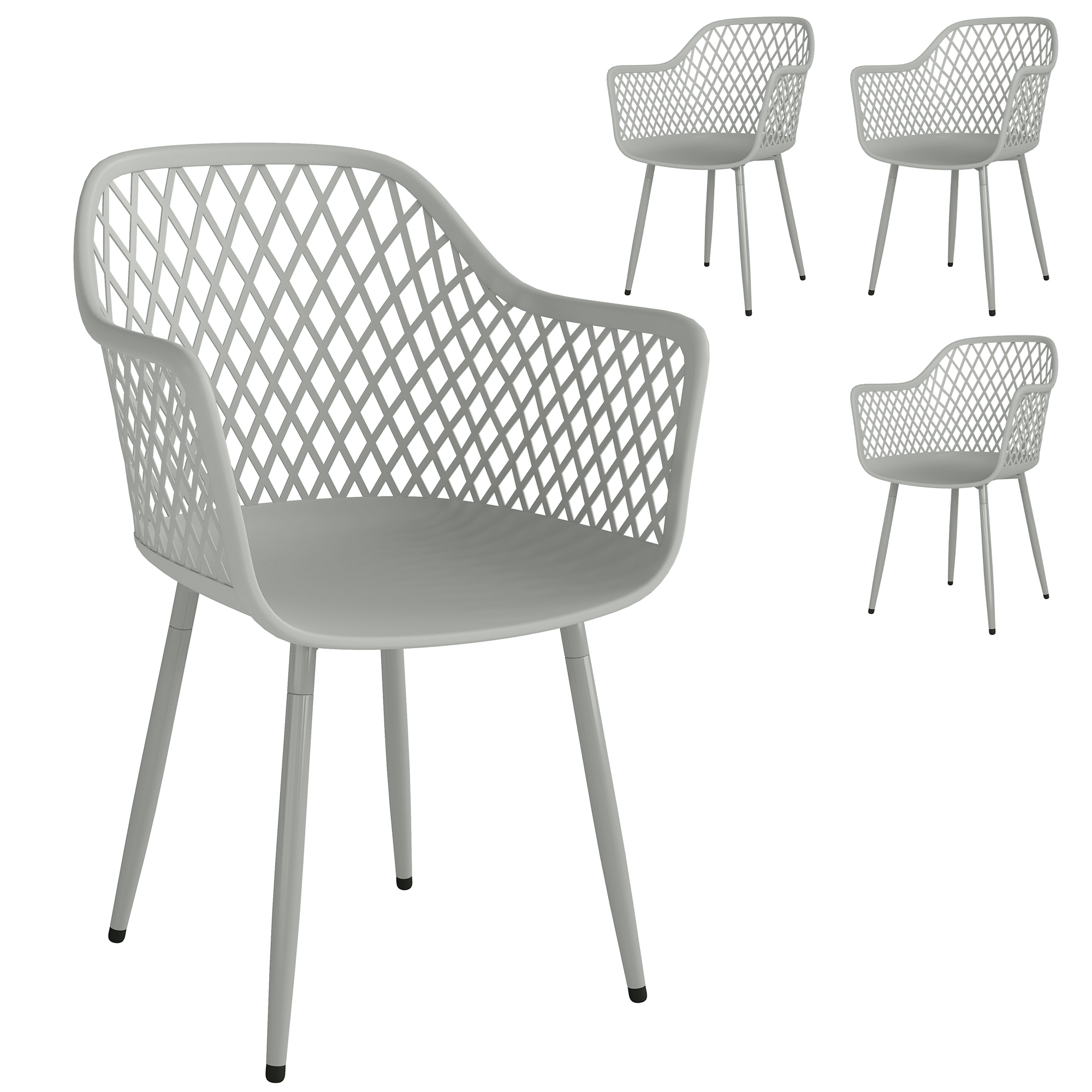 Outsunny Juego de 4 Sillas de Jardín Exterior de PP con Respaldo Diamante Asiento Anti-UV Reposabrazos y Patas Metálicas Gris