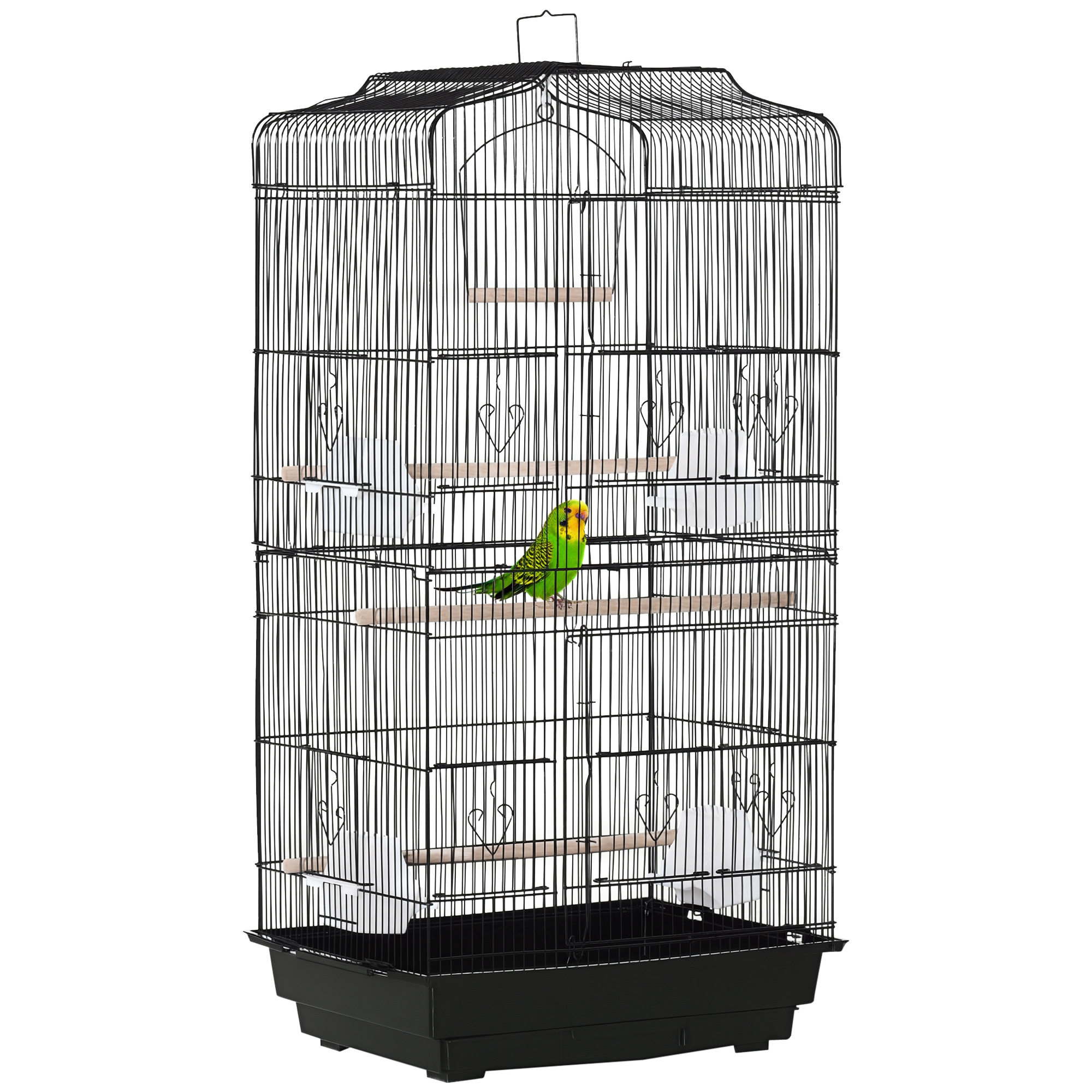 PawHut Jaula para Pájaros Pajarera de Metal con 4 Comederos 3 Perchas Columpio y Bandeja Extraíble 46,5x35,5x92 cm Negro | Aosom España