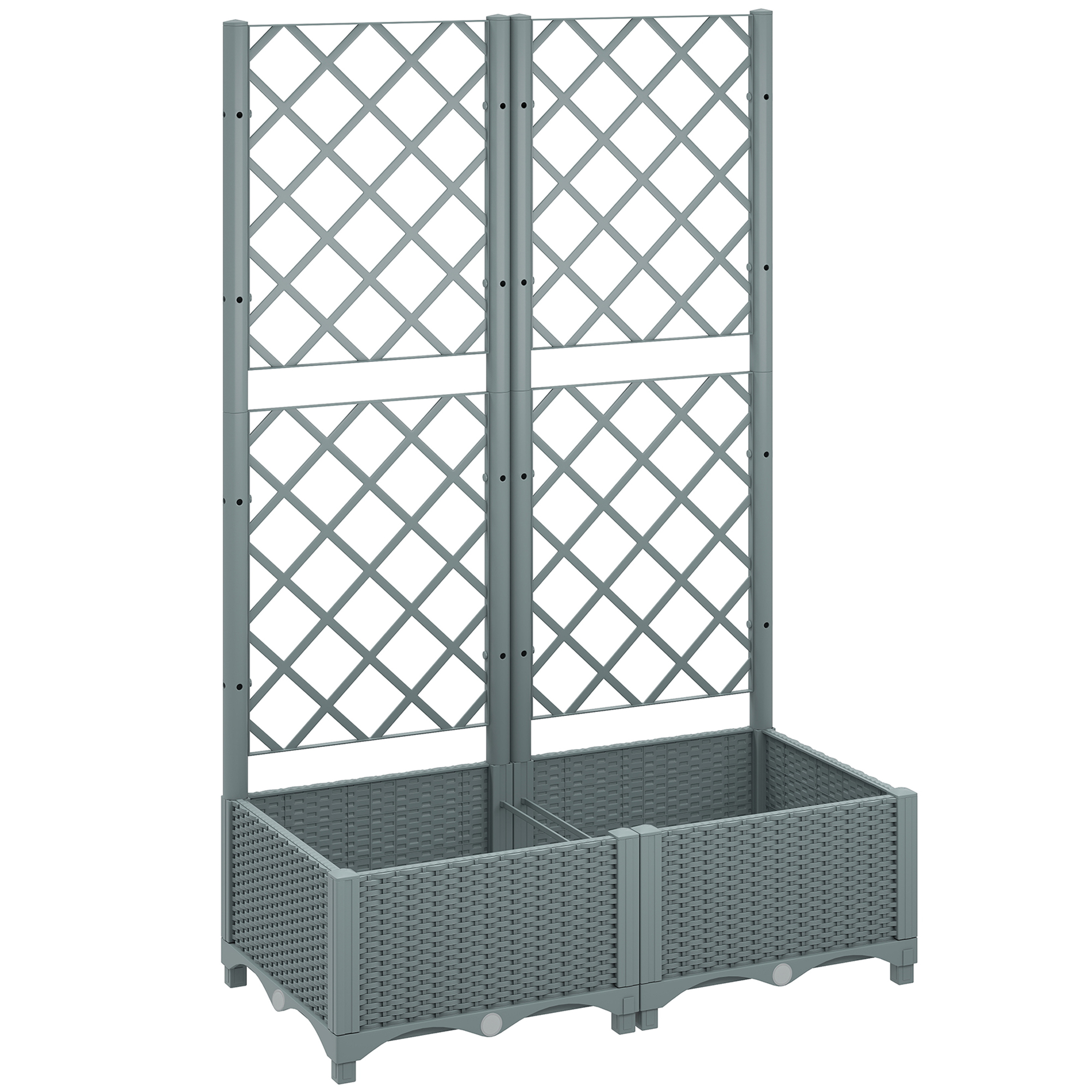 Outsunny Grey Raised Garden Bed With Trellis, Plastic Planter Box With Drainage Holes, Drain Plugs And Water Reservoirs For Climbing Plants, Vegetables, Flowers,