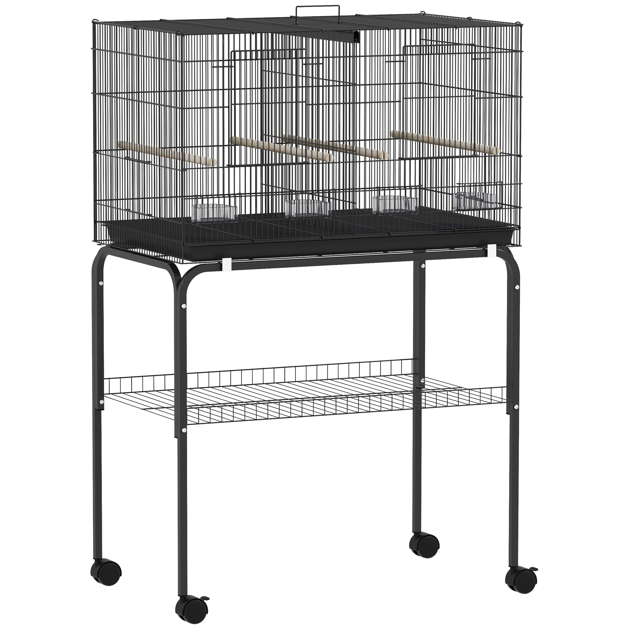 PawHut Vogelkäfig, Vogelvoliere mit Rollen, 2 Türen, 4 Sitzstangen, Futternapf, Ablagefach, Handgriff, Metall Vogelhaus für Kanarienvögel, Wellensittiche, Papageien, 76x46x116cm, Schwarz Aosom