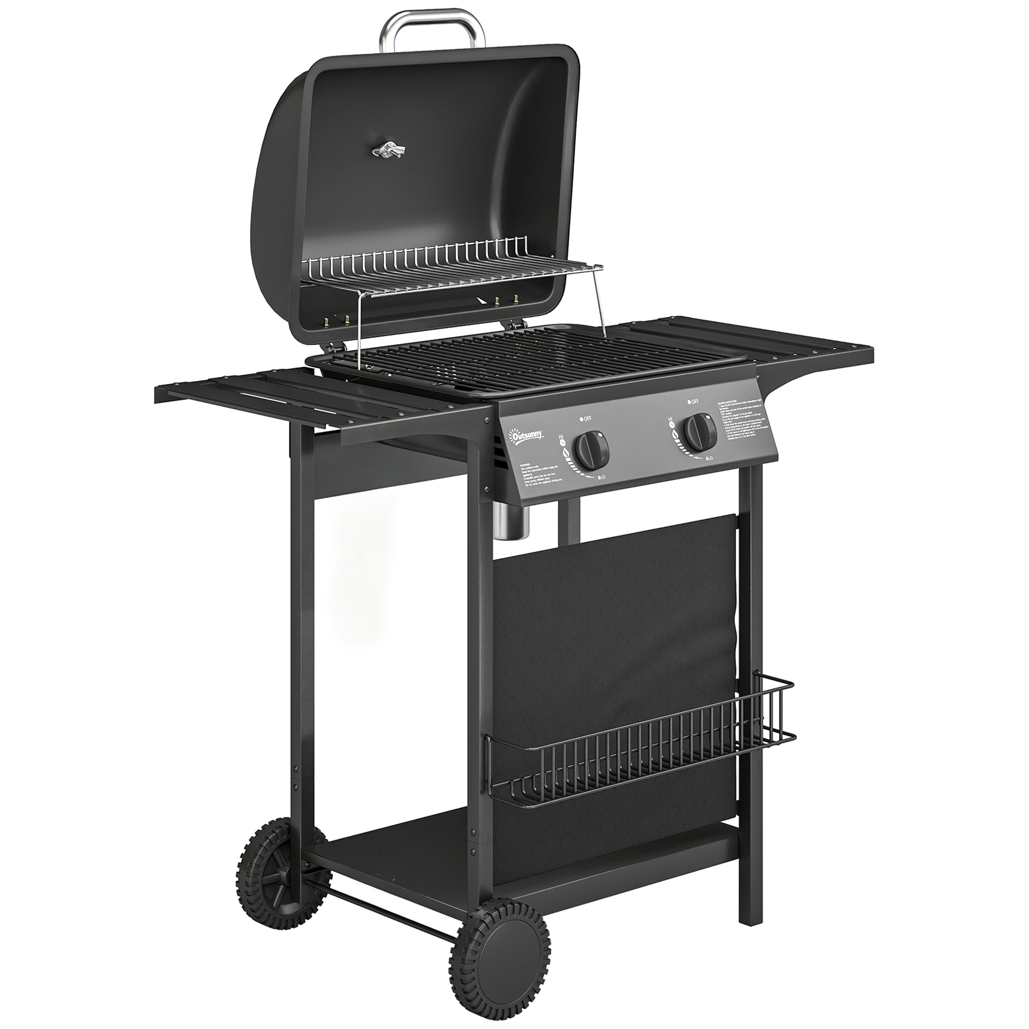 Outsunny Gas Burner Barbecue Grill, 2 Burner Gas Grill with Side Tables, Warming Rack, Shelf, Thermometer, Grease Tray, Black