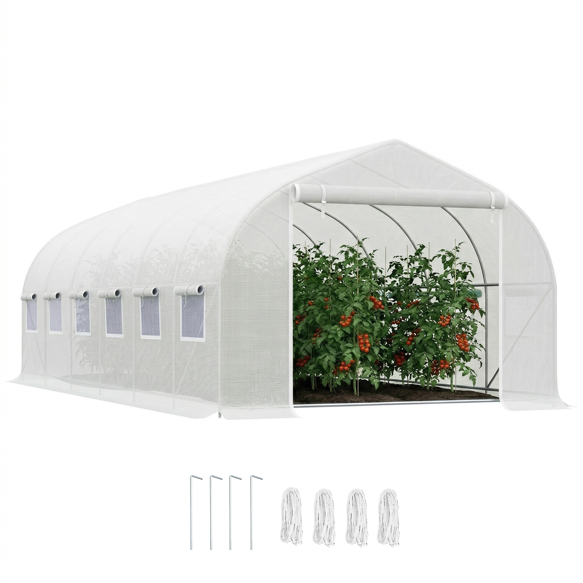 Outsunny Invernadero Túnel 595x300x200 cm Invernadero de Jardín con 12 Ventanas y Puerta Enrollable con Cremallera para Plantas Blanco | Aosom España