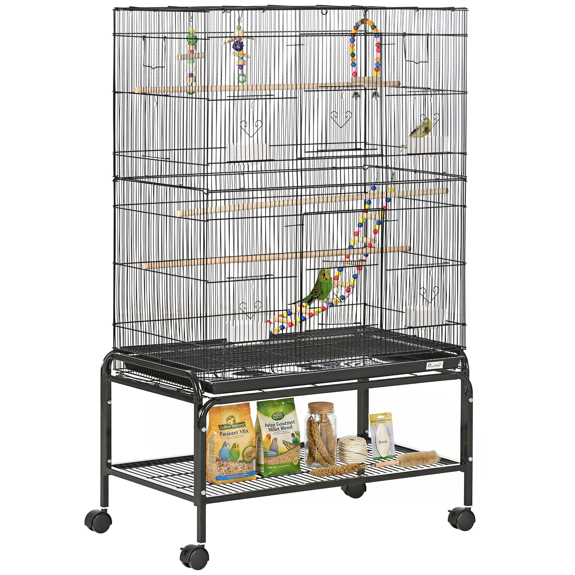 PawHut Jaula para Pájaros con Ruedas 79x49x133 cm Pajarera Metálico con 4 Comederos 3 Perchas Juguetes para Periquitos Negro | Aosom España
