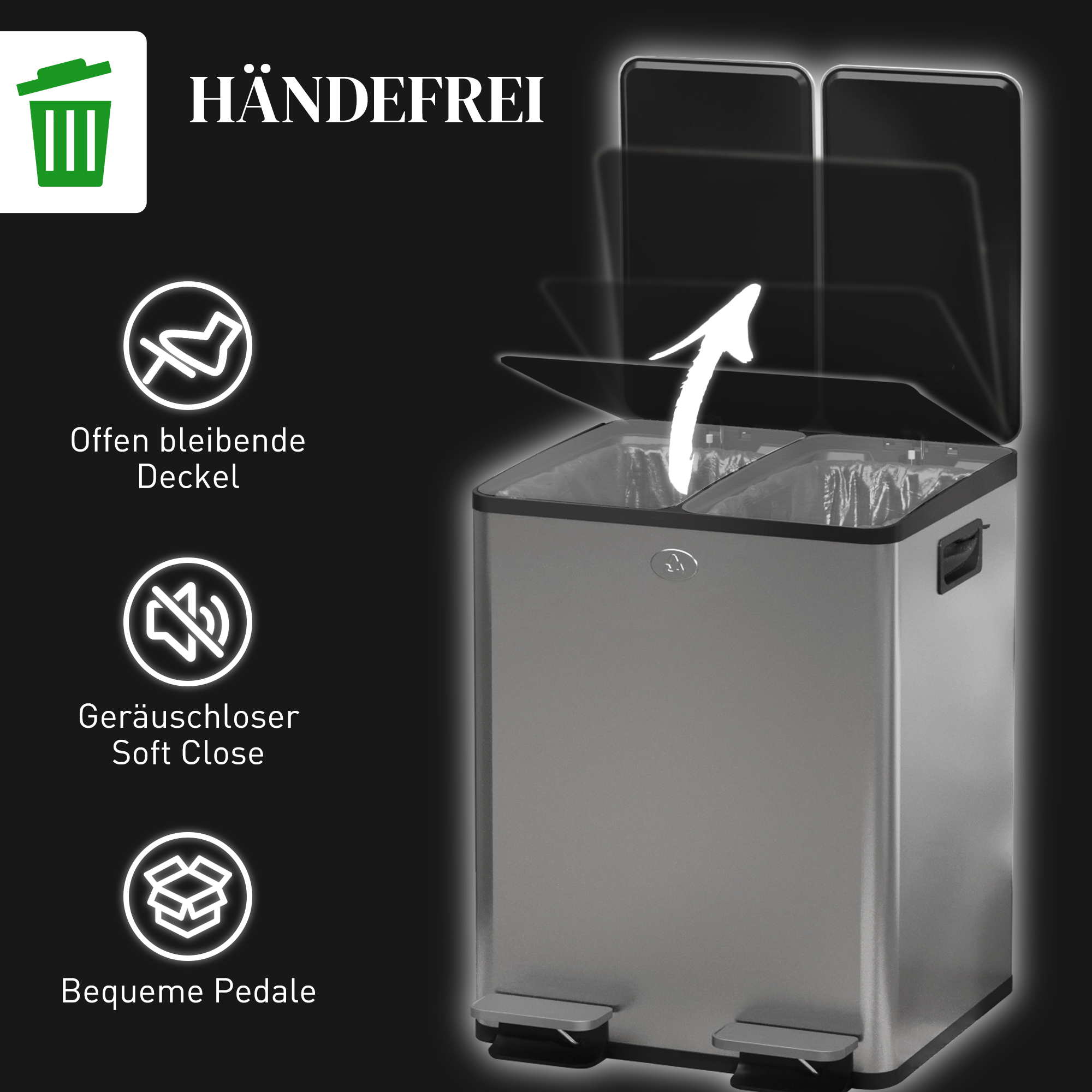 2 x 20 l topeltprügikasti, pedaaliga avatav, kergesti puhastatav, roostevaba teras, plastik, hõbedane