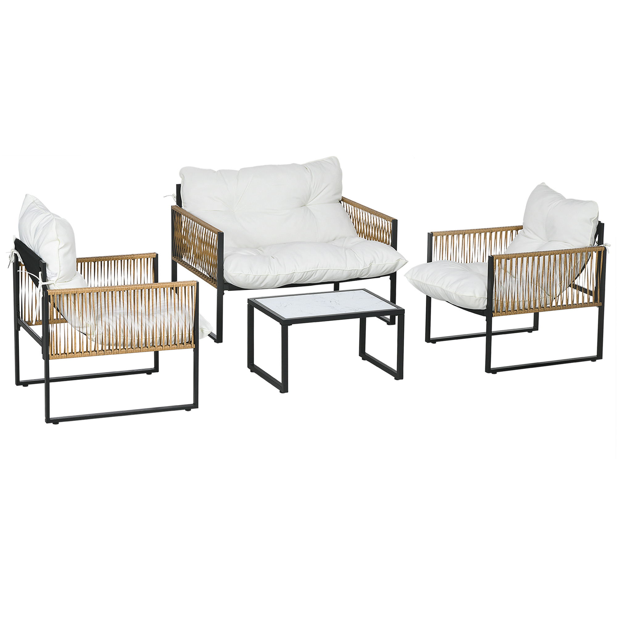 Outsunny Conjunto de Jardín Exterior de Ratán Sintético con 2 Sillones 1 Sofá de 2 Plazas 1 Mesa de Centro y Cojines Crema