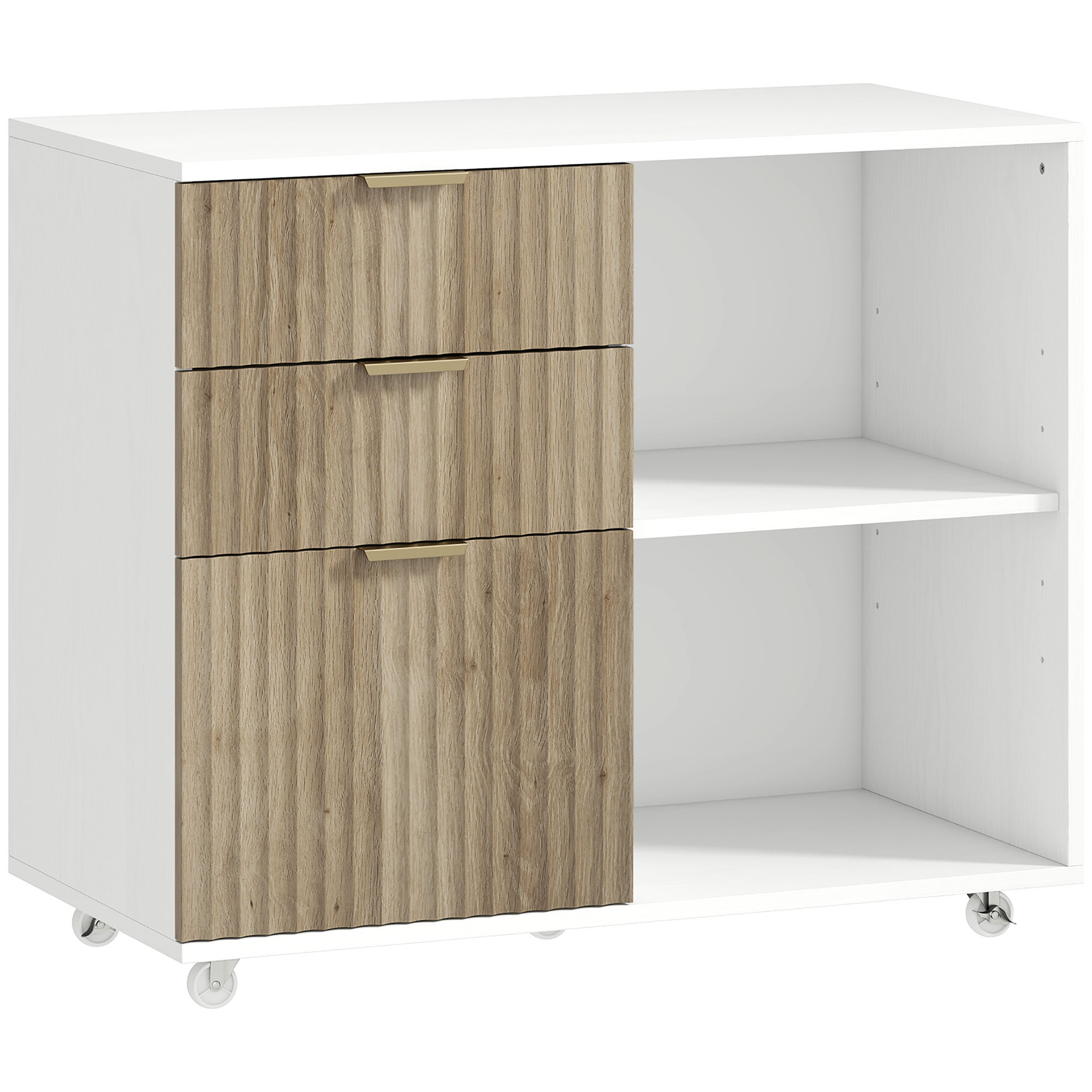 HOMCOM Druckerwagen, 3 Schubladen, 2 offene Ablagen, rollbarer Aufbewahrungsschrank, Wellendesign, Bürocontainer für Hängemappen A4/Letter, 80x40x68cm, Weiß/Eiche Aosom