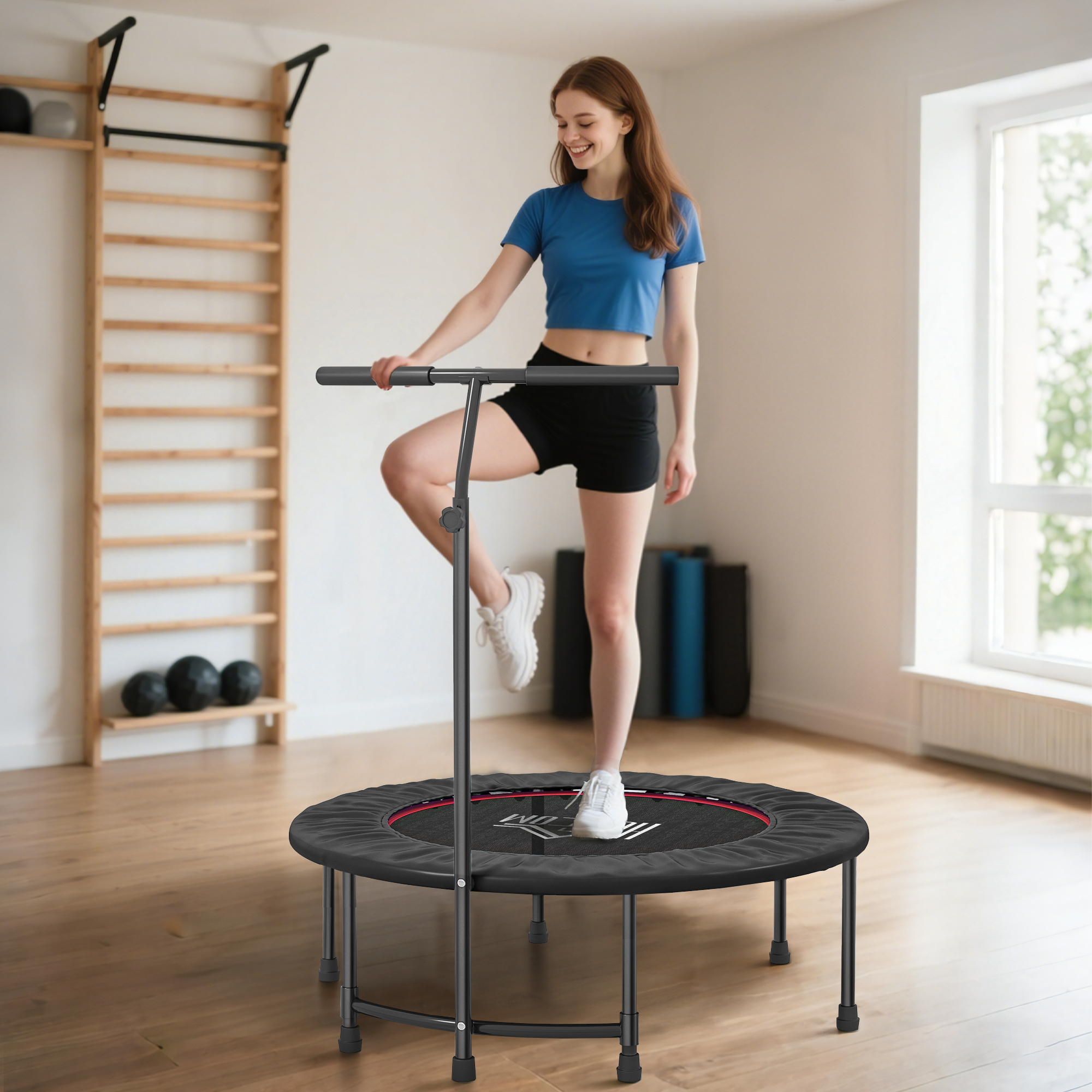 HOMCOM 40″ Fitness Trampoline with Adjustable Handle, Rebounder Trampoline, Mini Jumper for Indoor Exercise Workout, Black