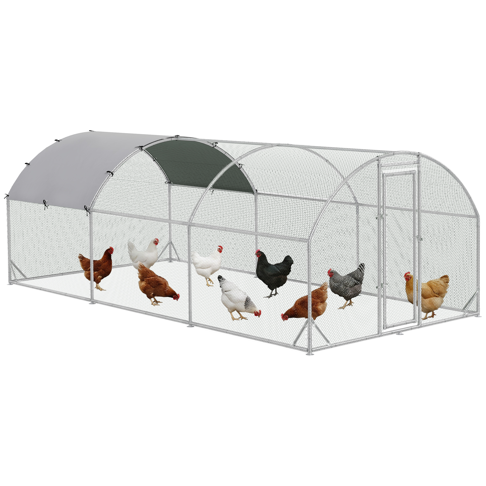 PawHut Gallinero Exterior Grande para 12-18 Gallinas Acero Galvanizado Techo Tela Oxford 5,7x2,8x1,97 m Plata | Aosom España