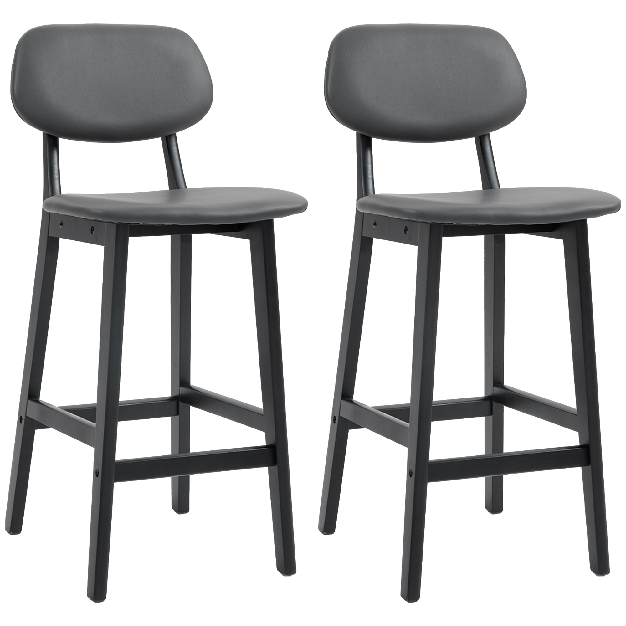 HOMCOM Bar Stools Set of 2, Modern Breakfast Bar Chairs, Faux Leather Upholstered Counter Bar Stools with Backs and Wood Legs, Dark Grey   Aosom UK