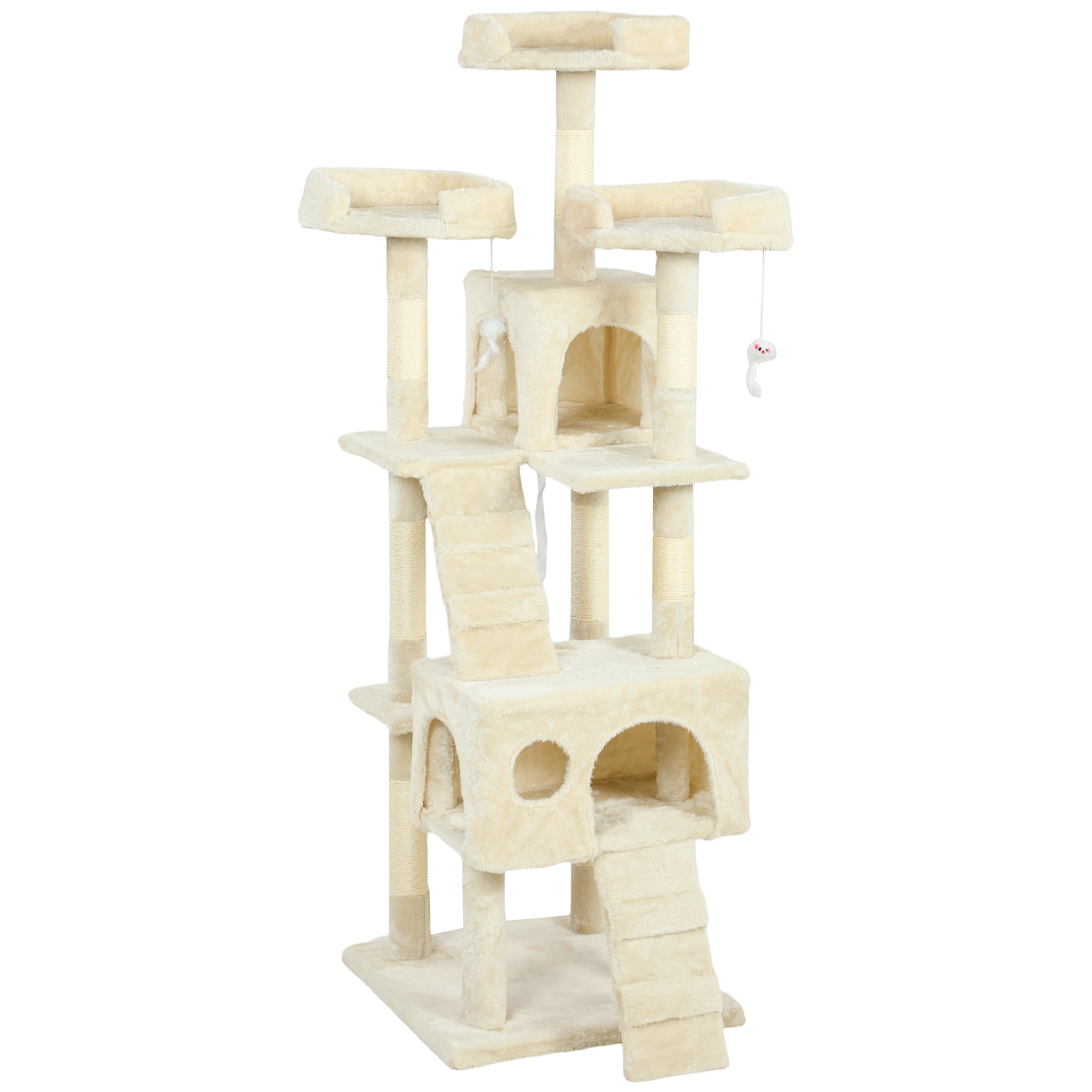 PawHut Árbol Rascador para Gatos Árbol para Gatos 153 cm con 2 Cuevas 3 Camas 2 Rampas Postes de Sisal Ratones Colgantes Crema