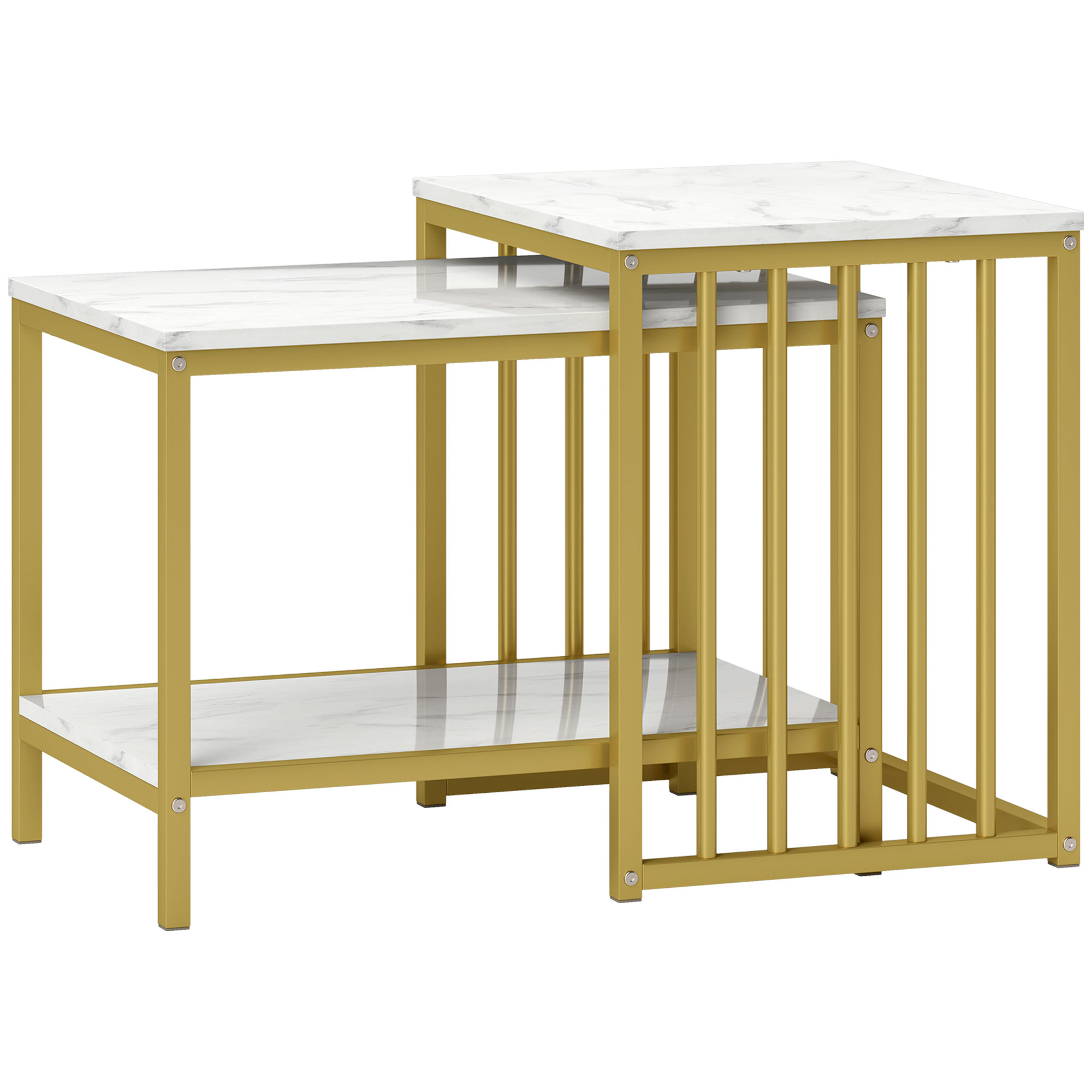 HOMCOM Modern Coffee Table Set of Two, Marble-Effect Nesting Side Tables with Steel Frame, Elegant Living Room Furniture, Gold Tone   Aosom UK