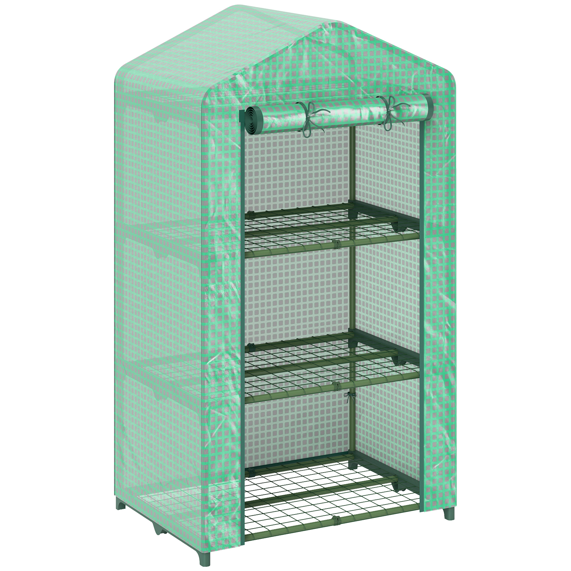 Outsunny Invernadero de Jardín de 3 Niveles Puerta Enrollable Marco de Metal Cubierta de PE Anti-UV 69x49x125 cm Verde