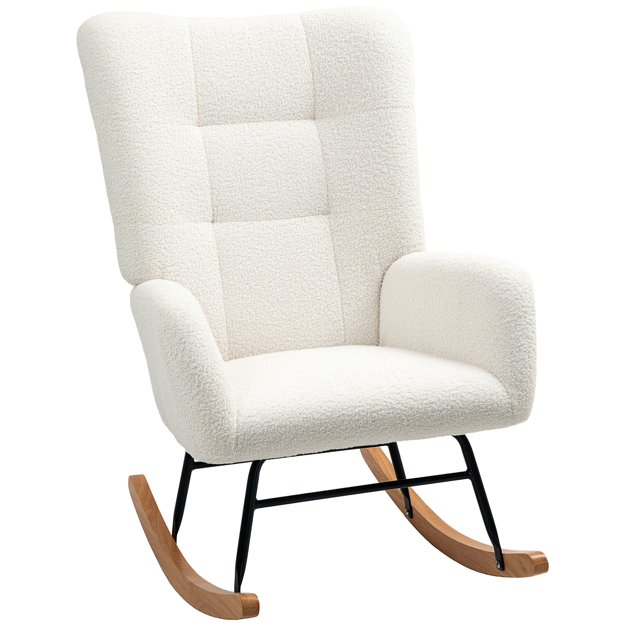HOMCOM Silla Mecedora Tapizado de Terciopelo Teddy con Reposabrazos Acolchado Grueso Patas de Madera Crema