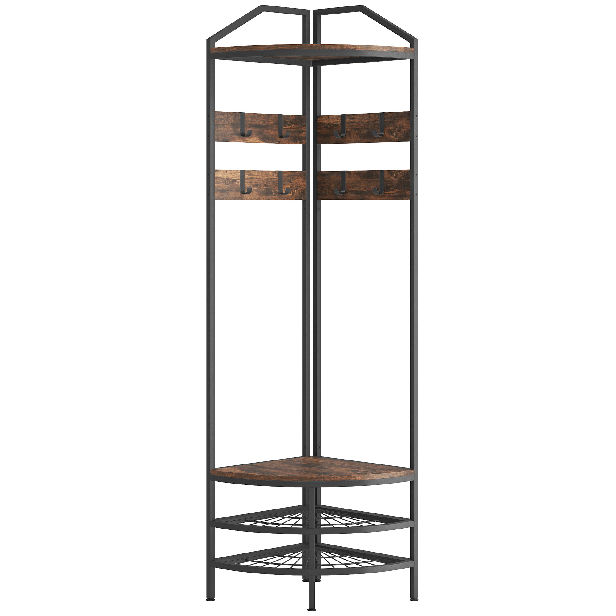 HOMCOM Meuble d'entrée d'angle, vestiaire à 4 niveaux, rangement pour chaussures, 8 patères mobiles, 2 étagères, brun rustique HOMCOM Meuble d'entrée d'angle, vestiaire à 4 niveaux, rangement pour chaussures, 8 patères mobiles, 2 étagères, brun rustique