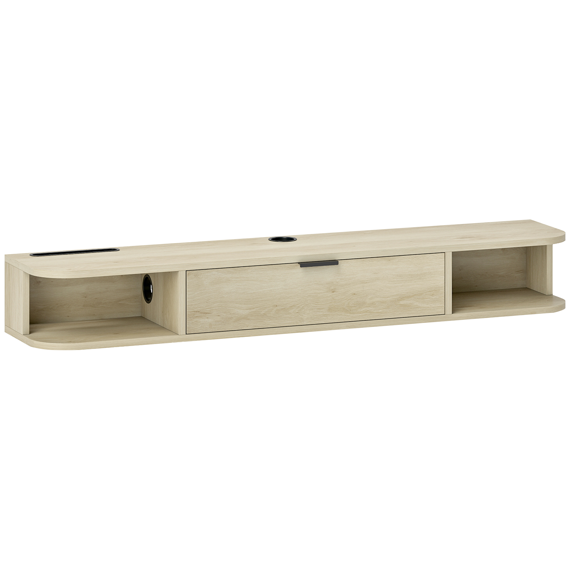 HOMCOM Mueble de TV Suspendido con Cajón Abatible 2 Estantes Abiertos Gestión de Cables 120x24x16 cm Madera Natural