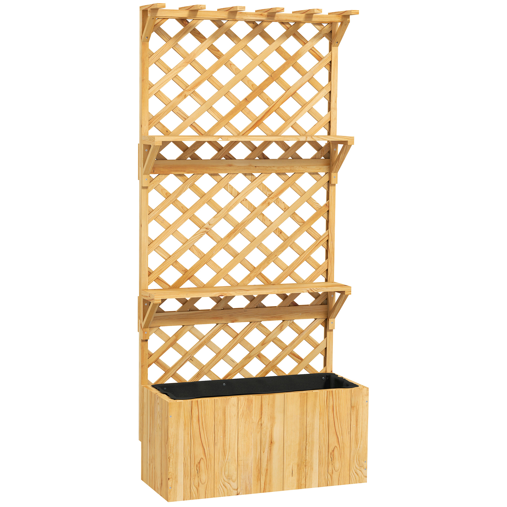Outsunny 52L Wooden Planter, with Trellis and Shelves – Natural Finish
