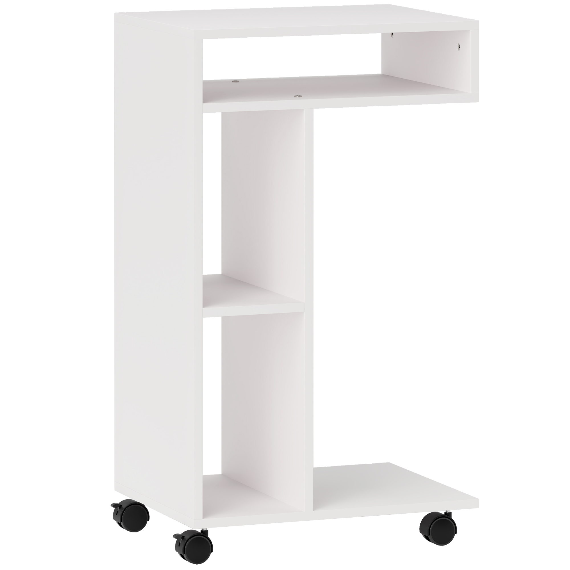 HOMCOM Table d'appoint en forme de C avec roulettes, avec 3 compartiments et 1 étagère ouverte, 40 x 30 x 69 cm, blanc HOMCOM Table d'appoint en forme de C avec roulettes, avec 3 compartiments et 1 étagère ouverte, 40 x 30 x 69 cm, blanc