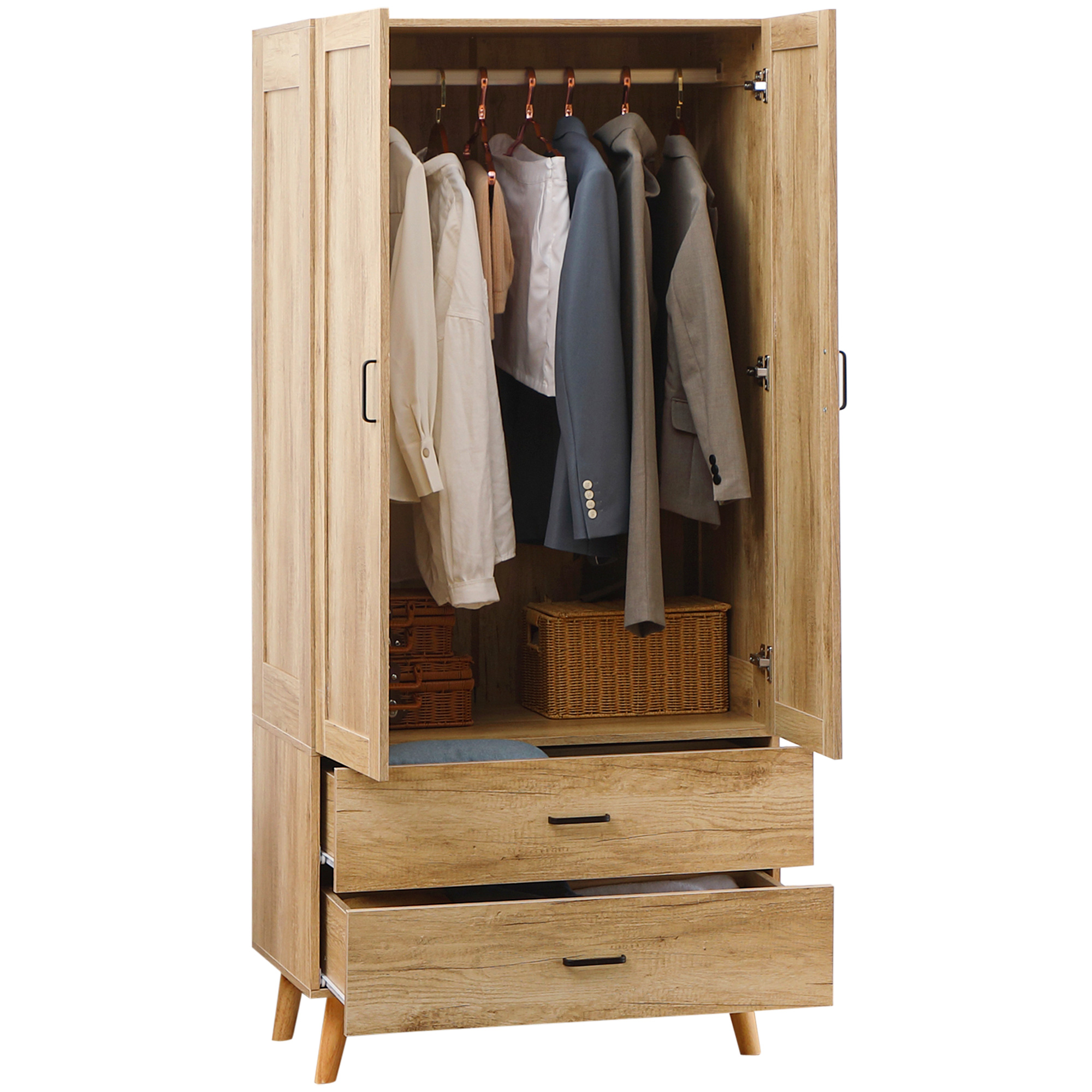 Armoire à vêtements armoire de rangement 2 portes et 2 tiroirs avec tringle