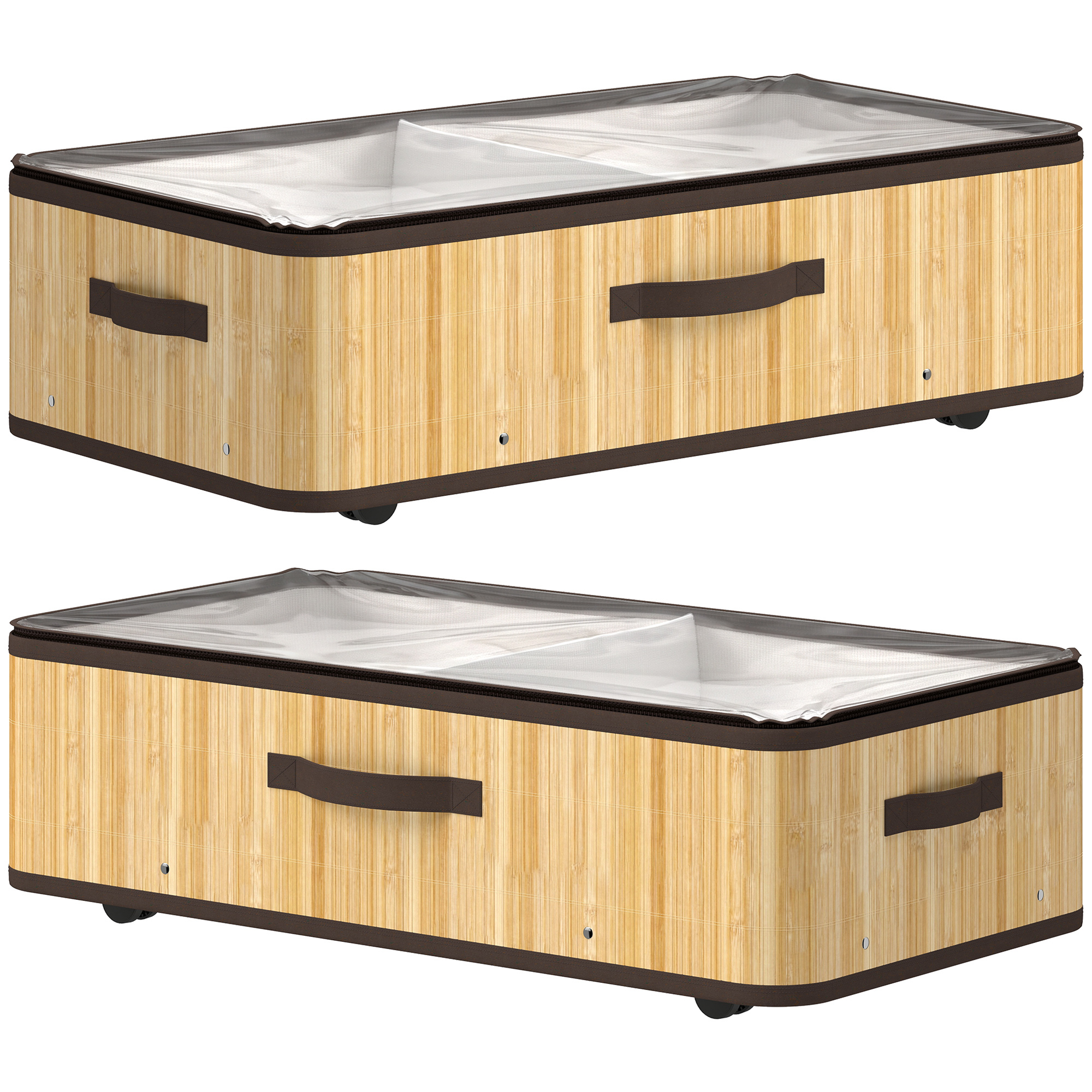 HOMCOM Lot de 2 boîtes de rangement sous lit avec roulettes 60 L couvercle transparent et poignée cadre métallique 78,5x43x23 cm naturel