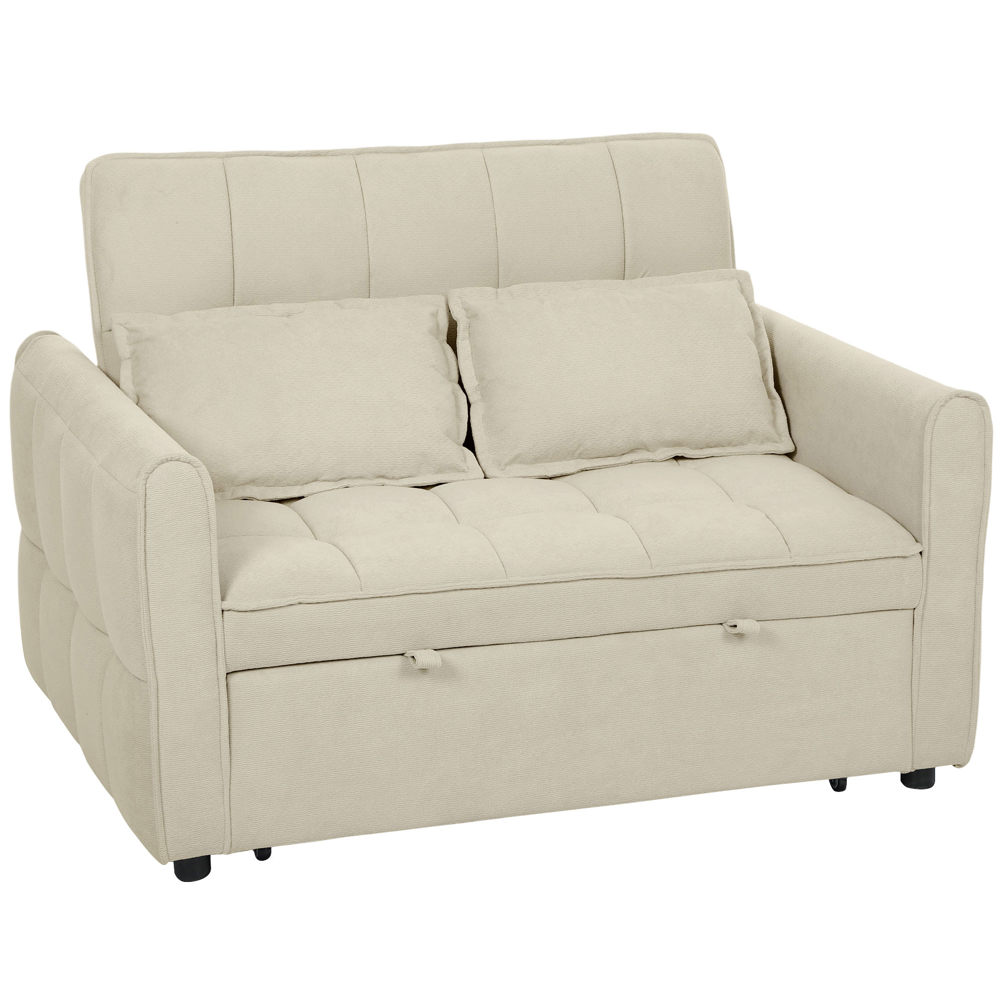 Homcom Tan 2 Seater Sofa Bed, 3-In-1 Convertible Sleeper Sofa With Click-Clack Adjustable Backrest And 2 Pillows, Light Brown