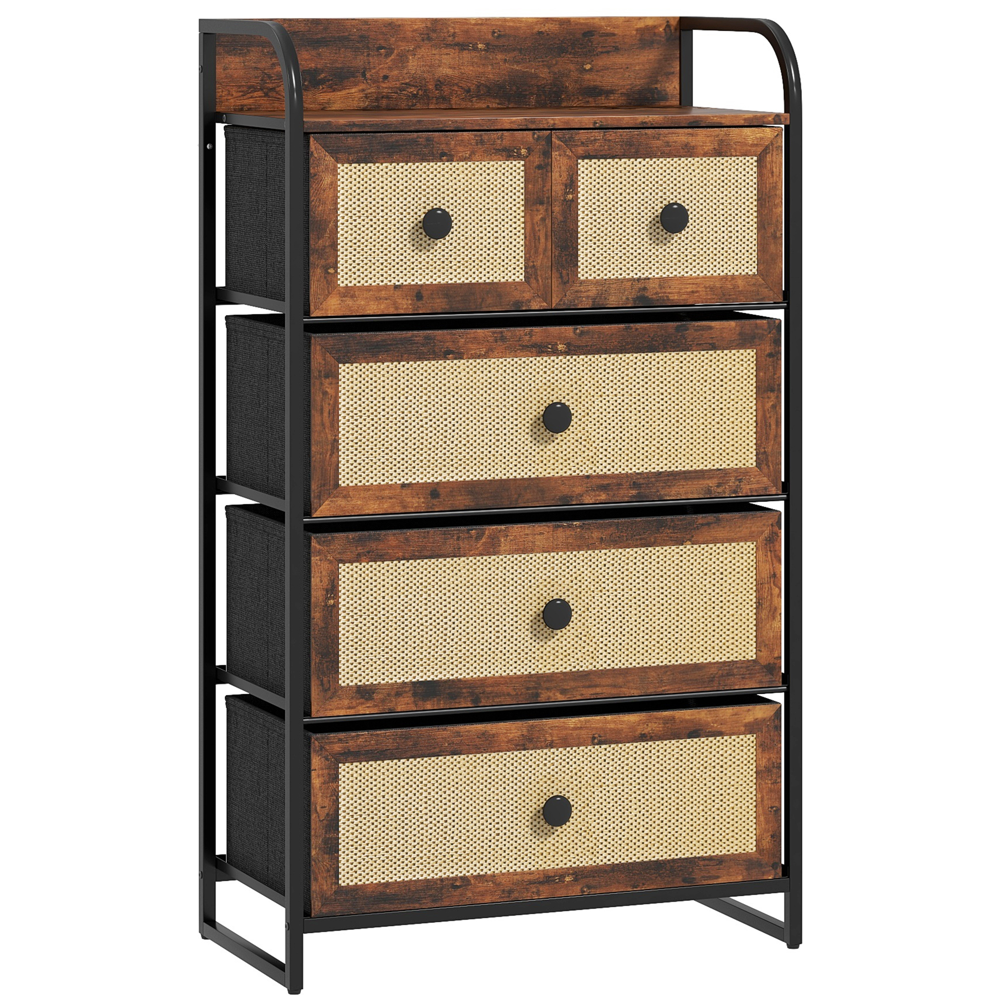 HOMCOM Cómoda para Dormitorio con 5 Cajones con Frentes de Ratán y Marco de Acero 58x29x99 cm Marrón Rústico