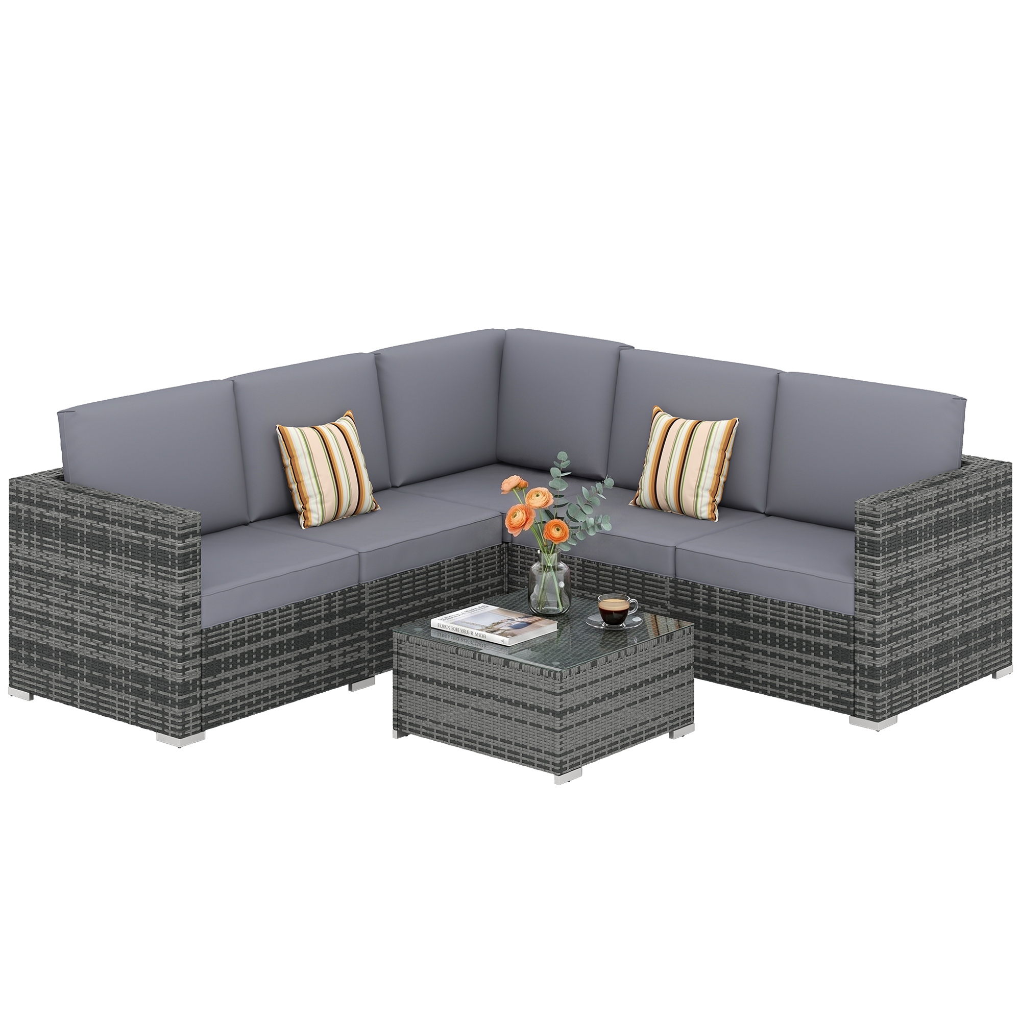 Outsunny 5-Seater Garden Furniture Sets Rattan Wicker Patio Conservatory Dining Set Indoor Outdoor with Corner Sofa Loveseat Coffee Table Cushions