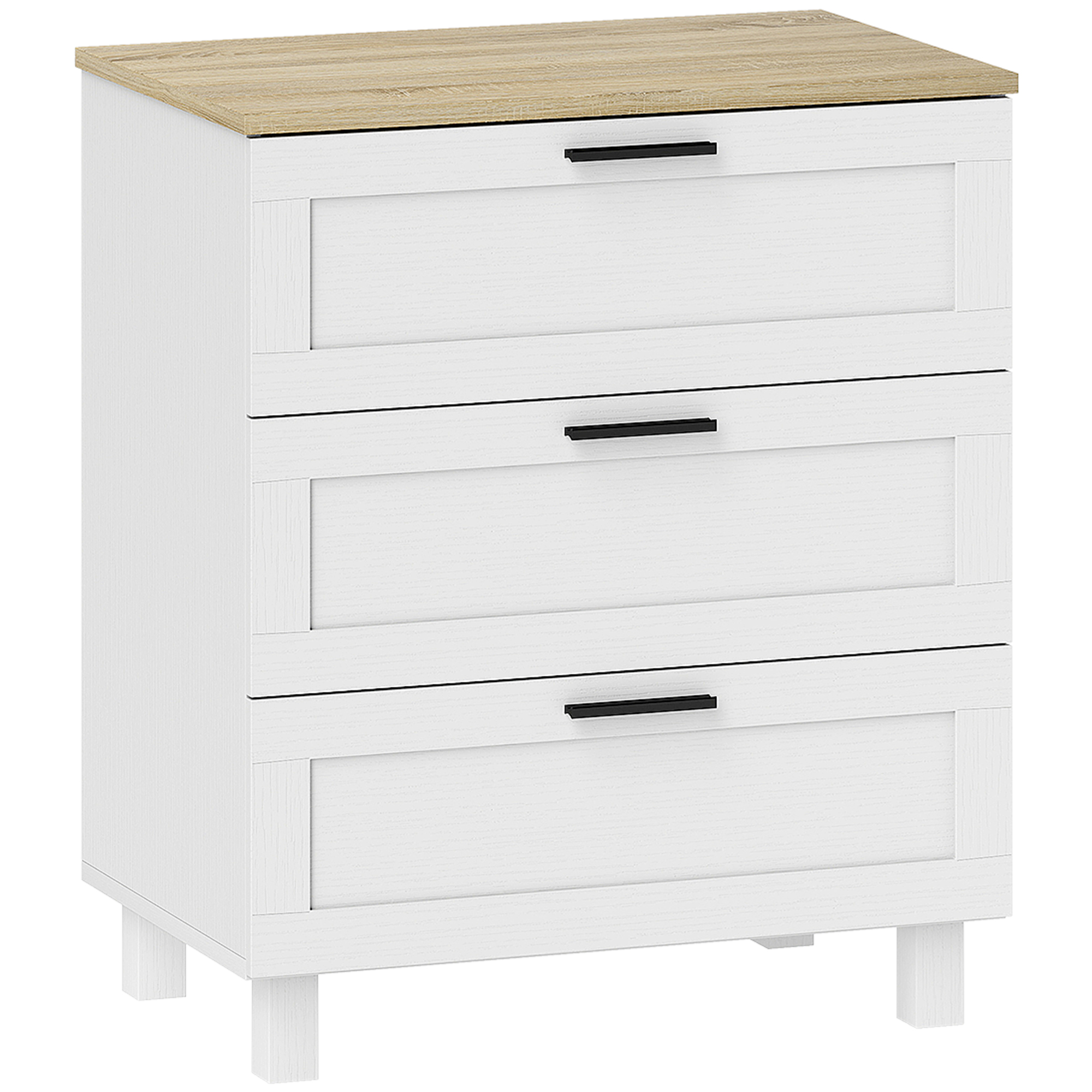Commode 3 tiroirs meuble de rangement style moderne pieds en bois massif et plateau effet bois, blanc