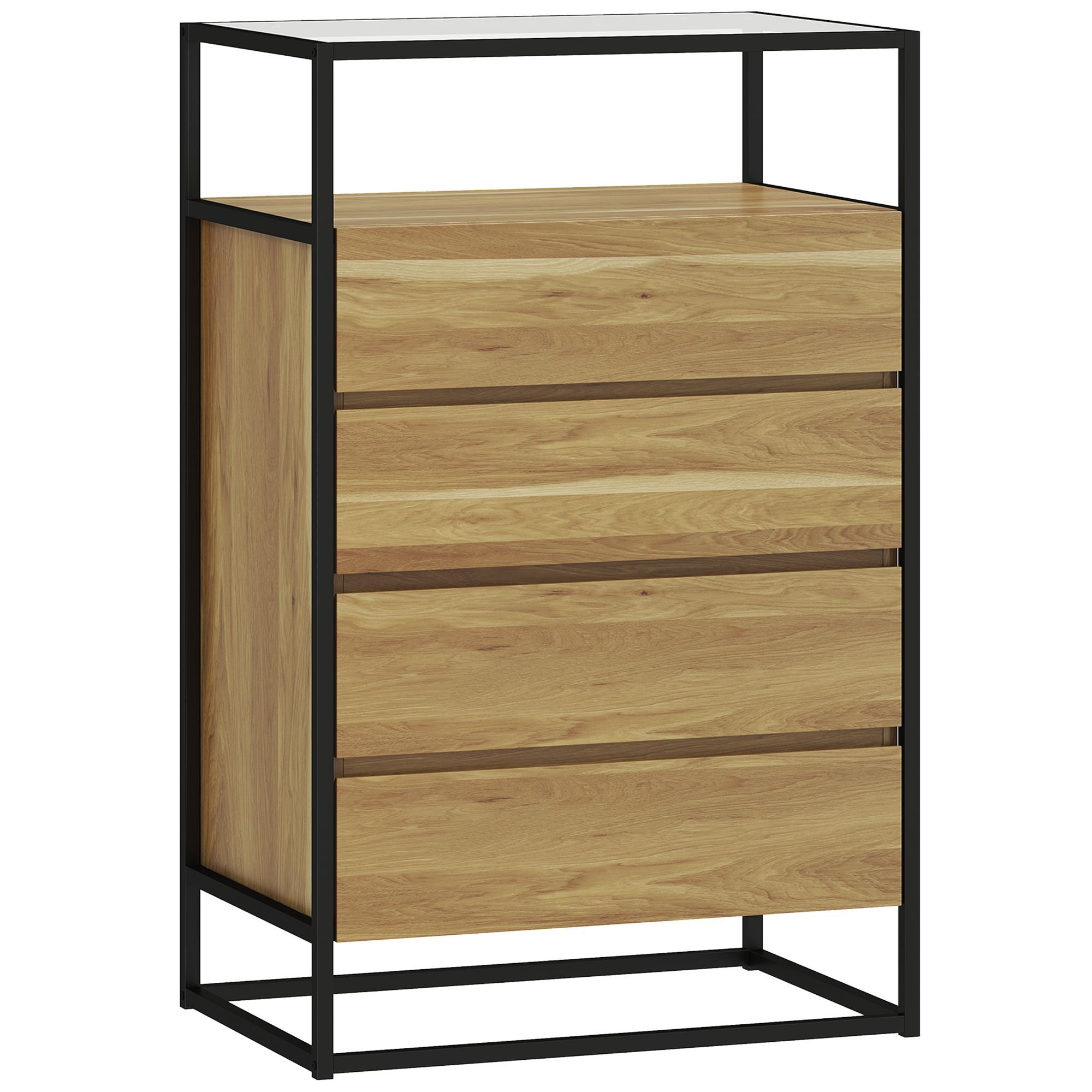 HOMCOM Cómoda Madera con 4 Cajones 60x40x94,5 cm Superficie de Vidrio Templado Estante Abierto Estructura de Acero Teca | Aosom España