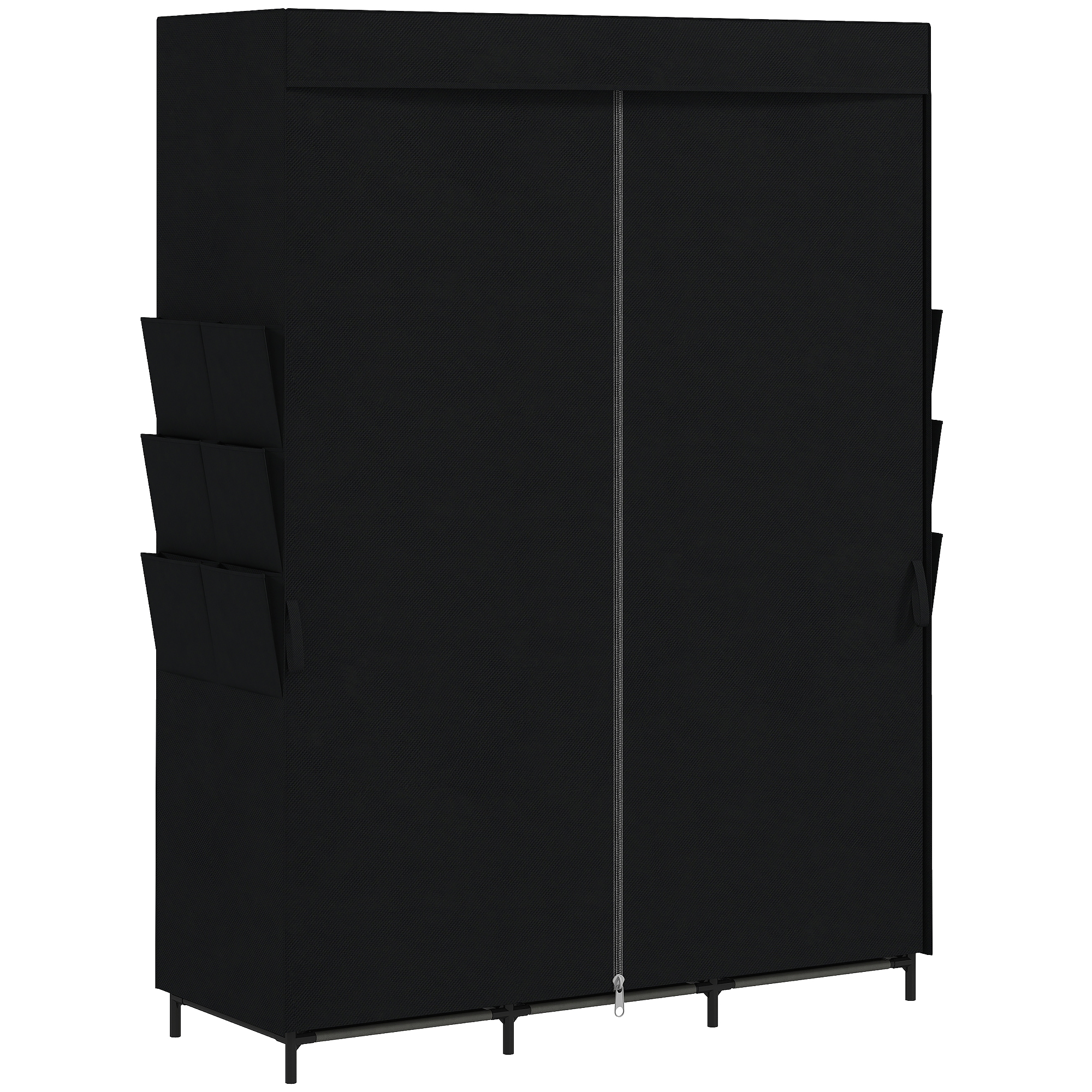 HOMCOM Platzsparender Stoff-Kleiderschrank, 3 Kleiderstangen, 3 Regalböden, 6 Seitentaschen, Staubschutz-Vorhänge mit Reißverschluss, 130x45x167 cm, für Schlafzimmer, Schwarz Aosom