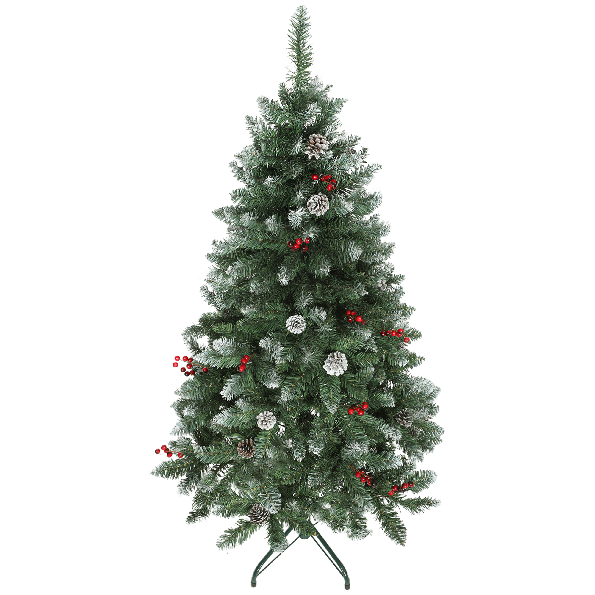 HOMCOM Brad de Crăciun Înnzăpezit Înalt de 150 cm cu 398 Ramuri, Brad Artificial de Interior cu Conuri și Boabe Roșii Decorative, Bază Metalică, Verde | Aosom Romania