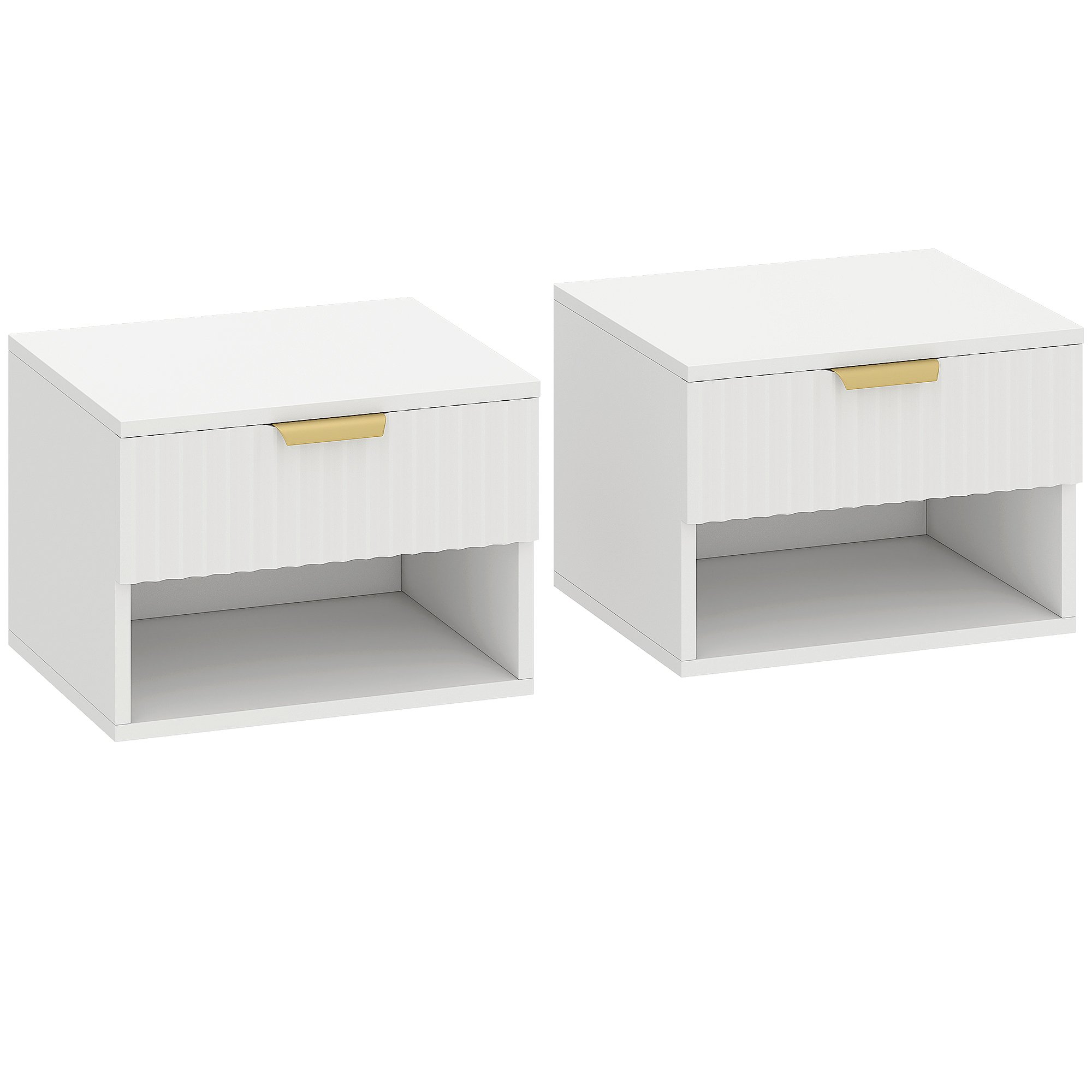 HOMCOM Juego de 2 Mesitas de Noche Flotantes con Cajón con Frente Acanalado y Estante Abierto 40x34x29 cm Blanco