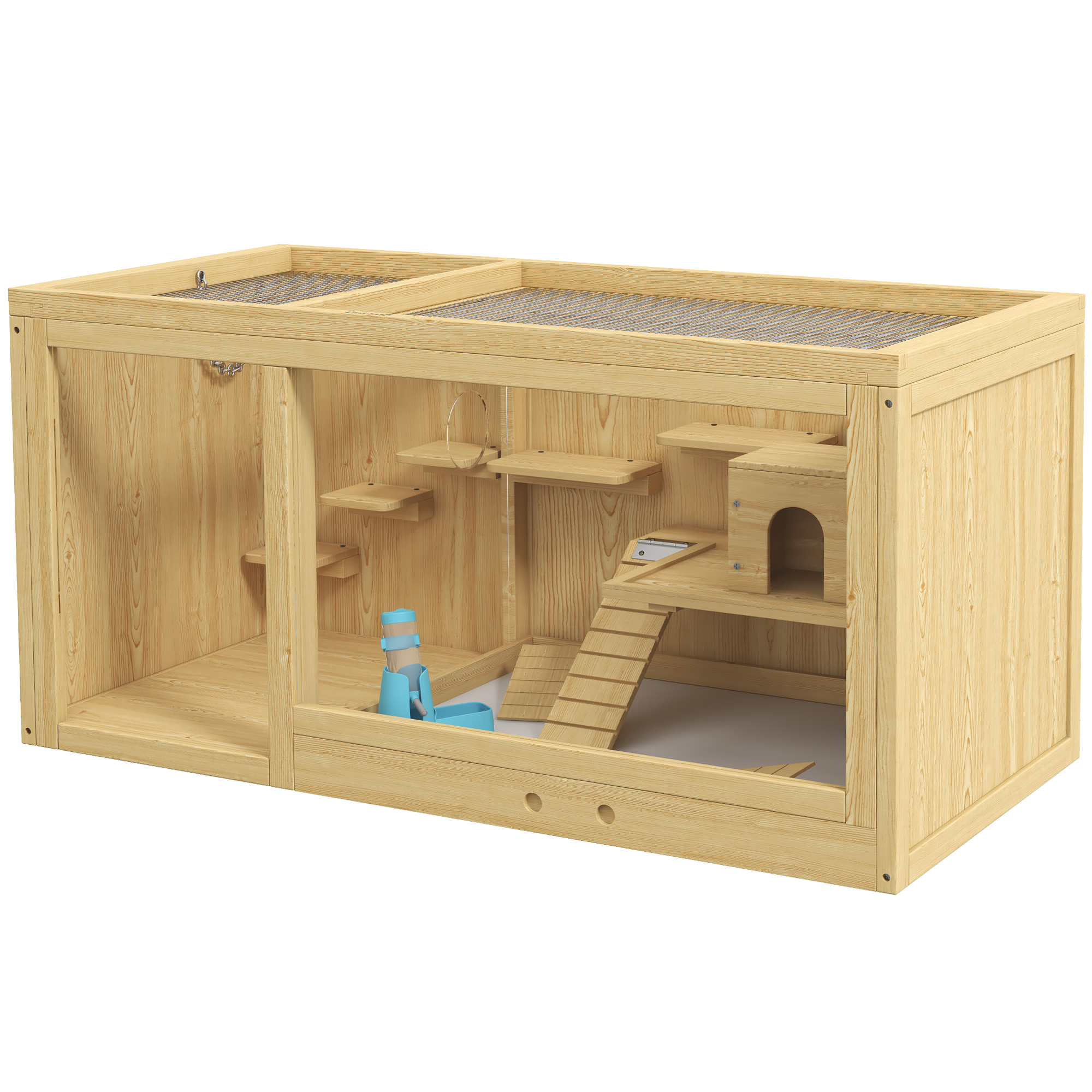 Pawhut Natural Wood Finish Wooden Hamster Cage With Water Bottle, Platforms, Openable Roof, Sliding Tray, Hut, Seesaws,