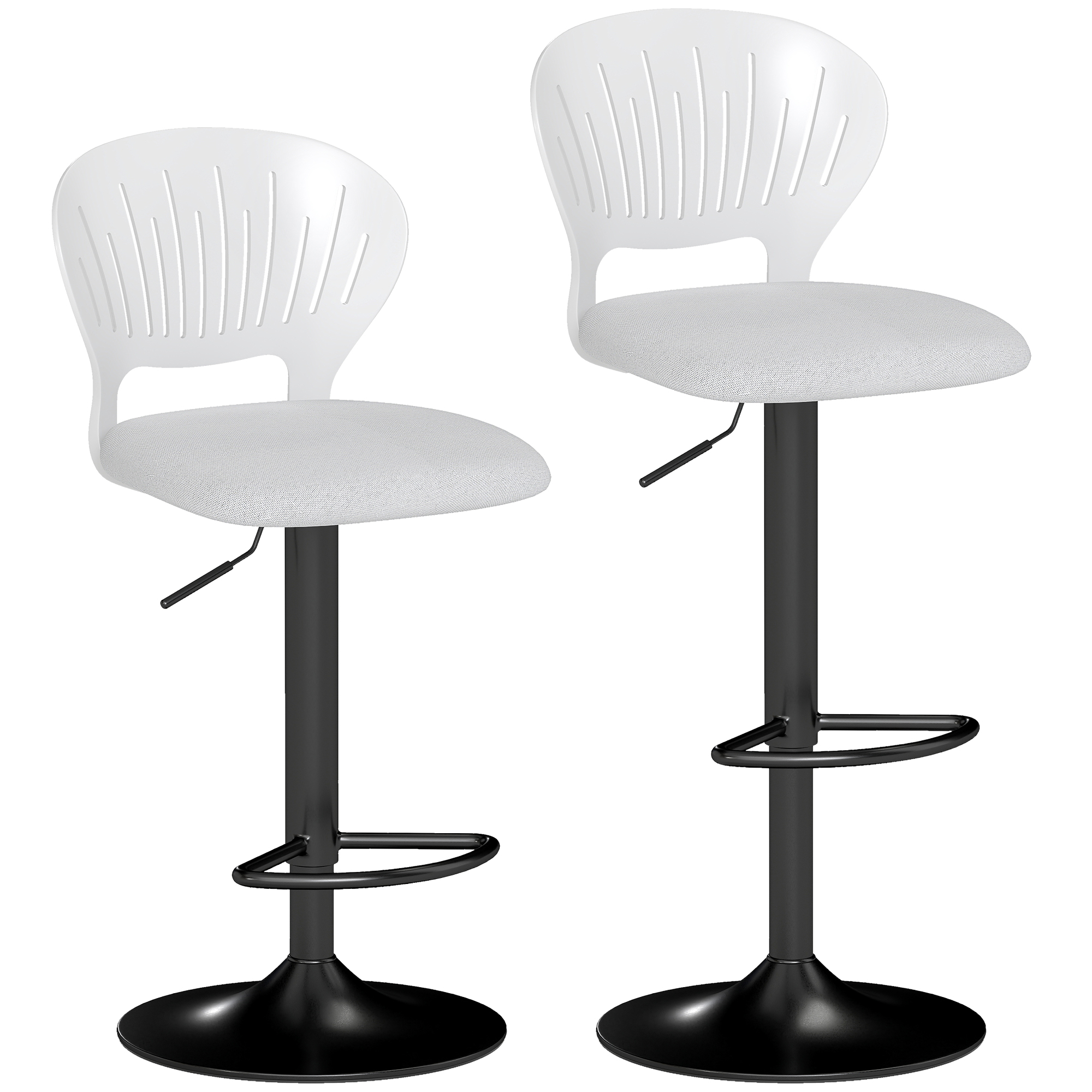 HOMCOM Juego de 2 Taburetes de Bar Giratorios en 360° Regulables en Altura de 84-105 cm Respaldo Hueco Reposapiés Blanco