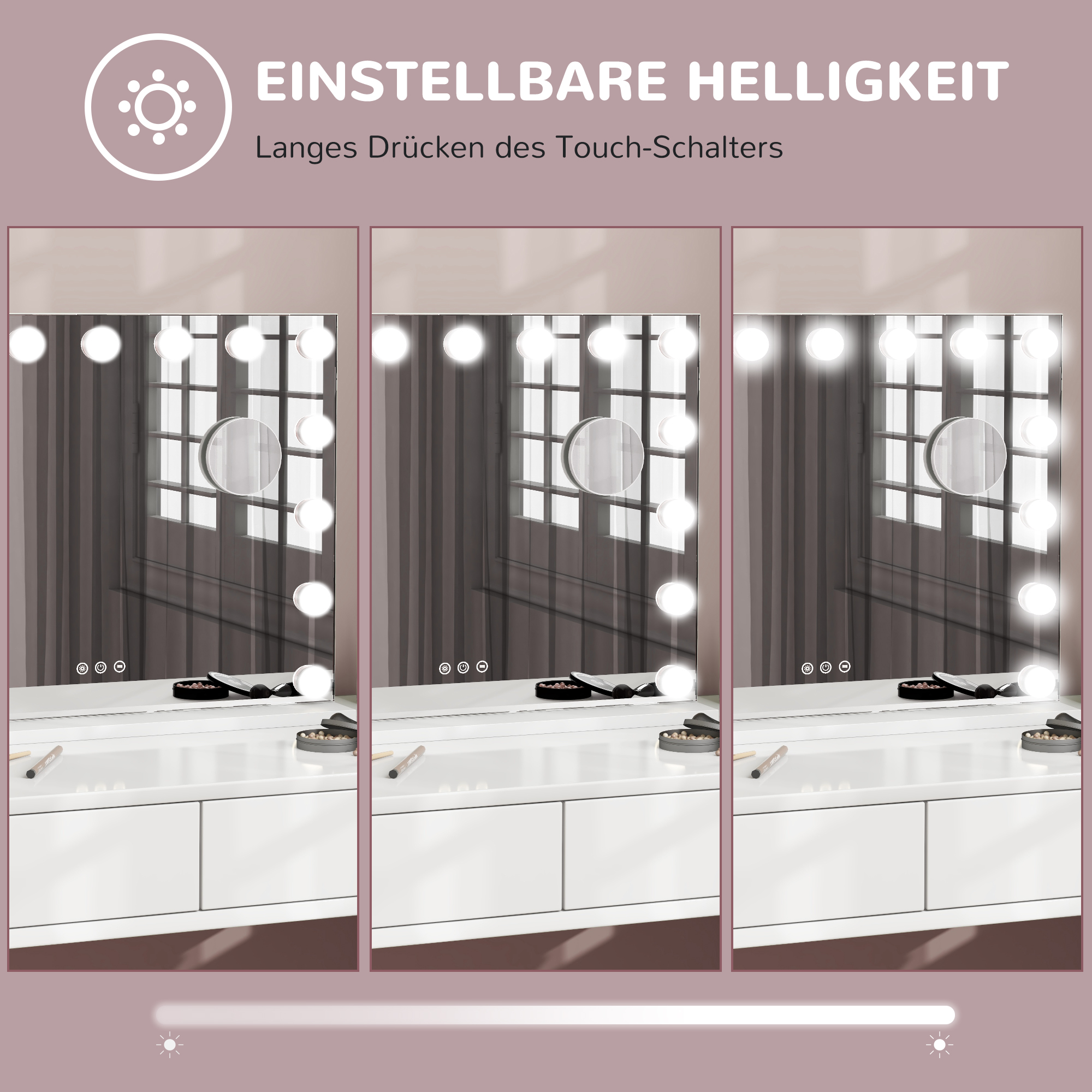 LED-kosmeetiline peegel, 3 valgusrežiimi, hämardatav, puutetundlik juhtimine, USB, 58x48cm, valge