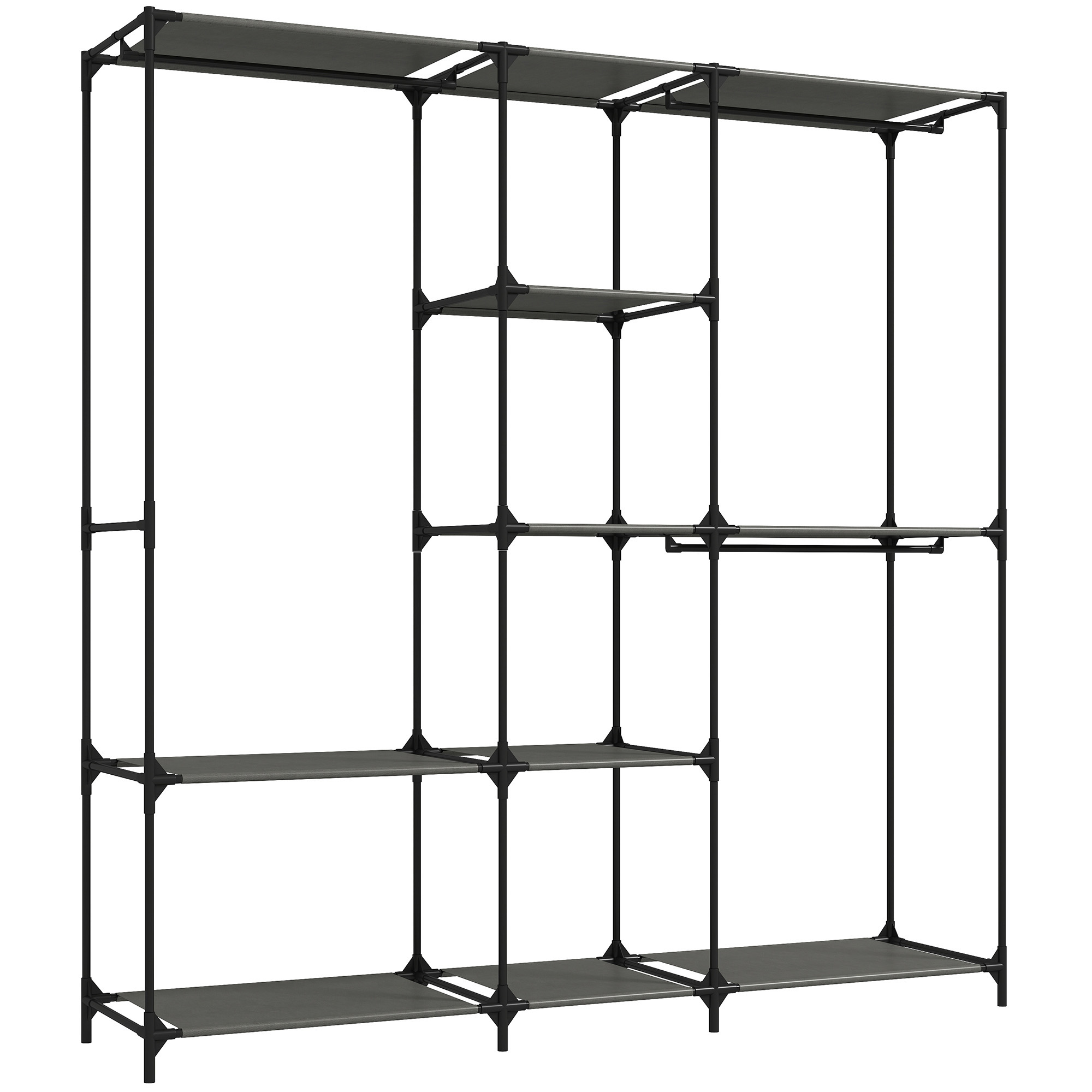 HOMCOM Stoffschrank Kleiderschrank Faltschrank mit 3 Kleiderstangen, 5 Ablagen, für Schlafzimmer 182 x 43 x 185 cm, Schwarz Aosom