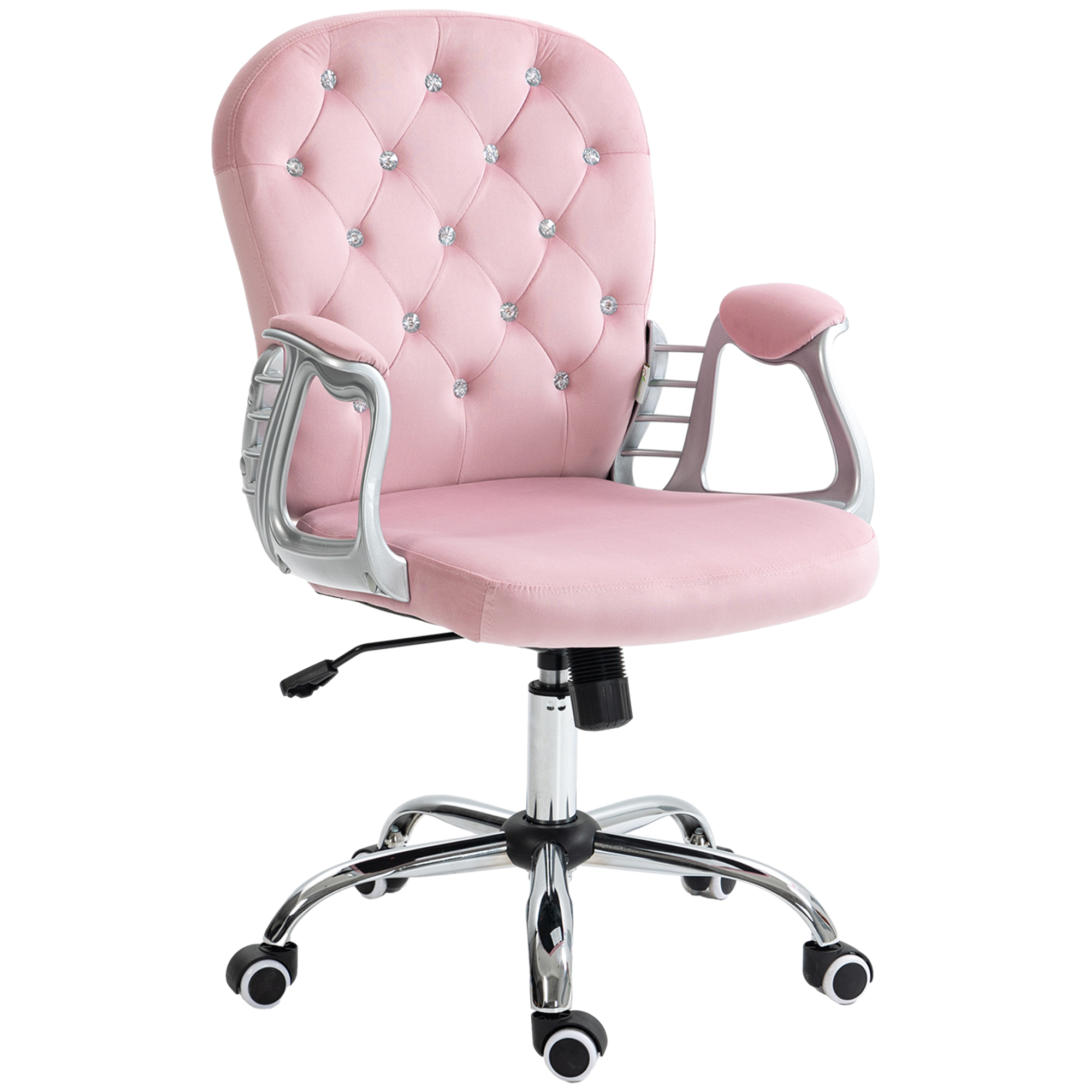 Vinsetto Silla de Escritorio de Terciopelo con Altura Ajustable Reposabrazos y Decoraciones de Diamantes 59,5x60,5x93-103 cm Rosa