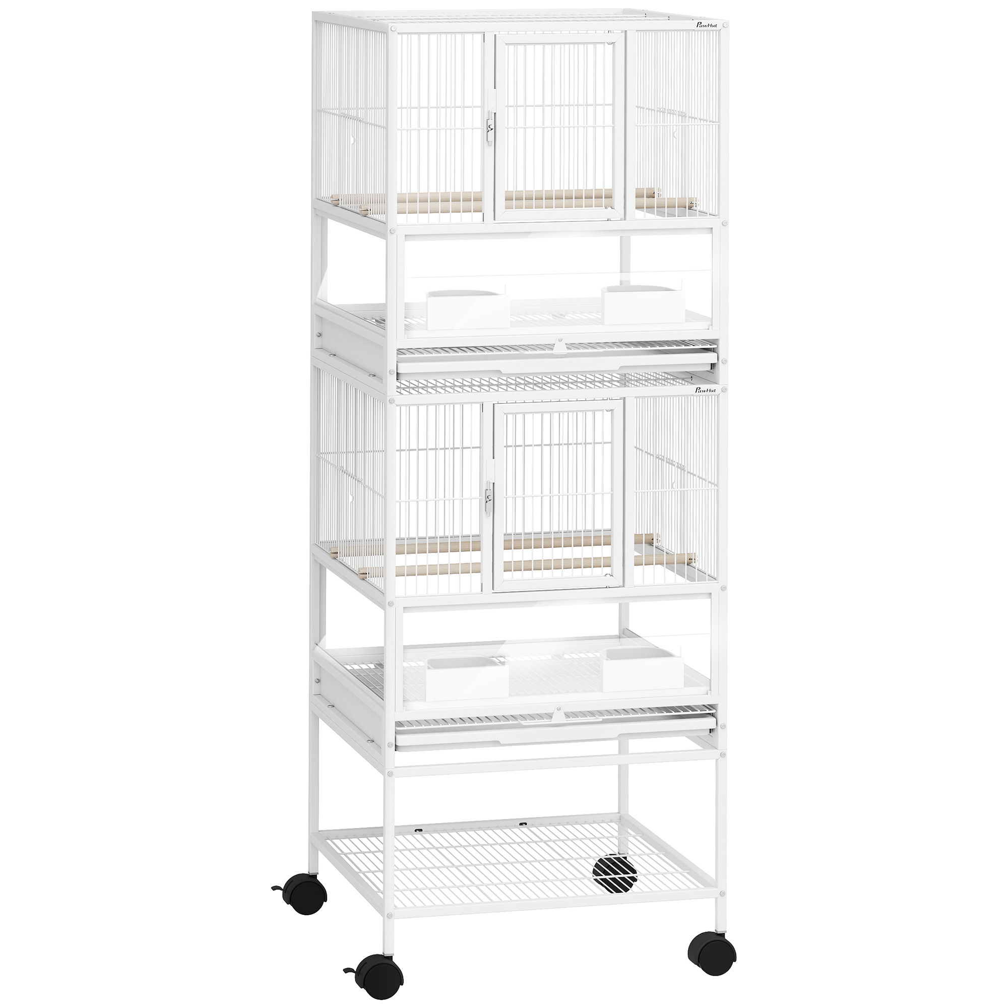 PawHut Jaula para Pájaros de 2 Niveles con Paneles Acrílicos Comederos Perchas Ruedas y Estante Inferior 48x46x134,5 cm Blanco